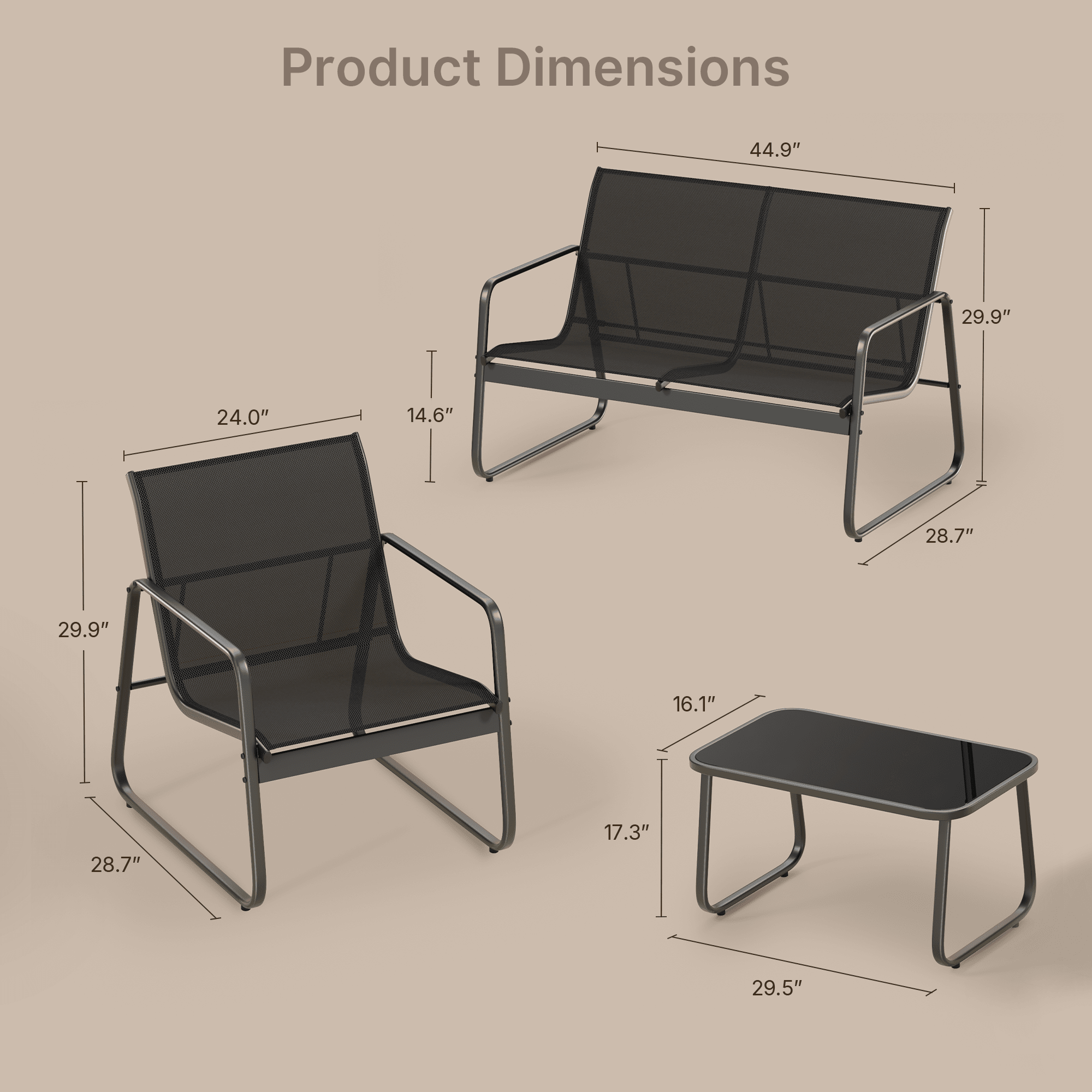 Bealife WR250 Gartenmöbel-Sets, Gartenlounge-Set 4er Set, 1 Tisch mit 1 Doppelstuhl und 2 Einzelstühlen