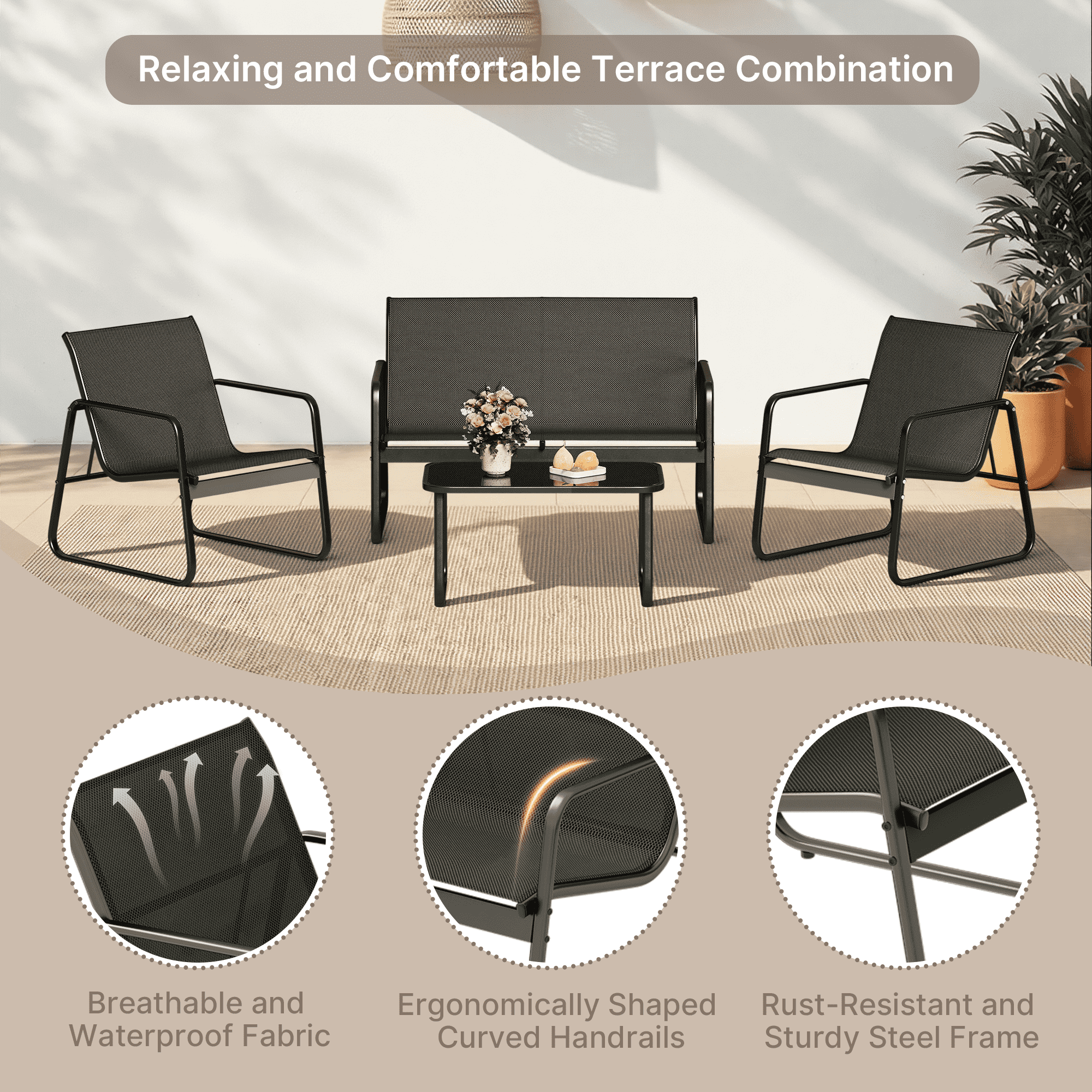 Bealife WR250 Gartenmöbel-Sets, Gartenlounge-Set 4er Set, 1 Tisch mit 1 Doppelstuhl und 2 Einzelstühlen