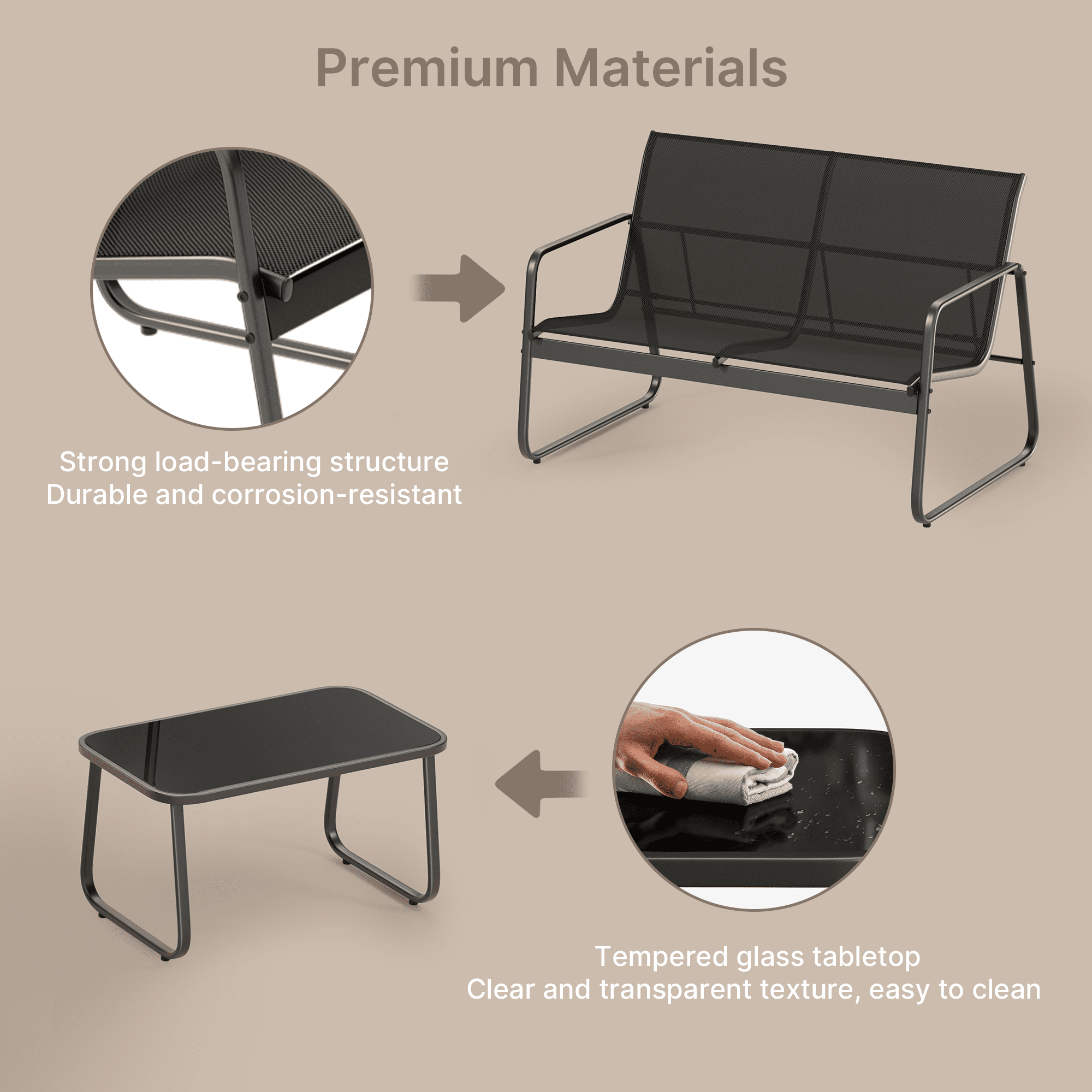 Bealife WR250 Gartenmöbel-Sets, Gartenlounge-Set 4er Set, 1 Tisch mit 1 Doppelstuhl und 2 Einzelstühlen