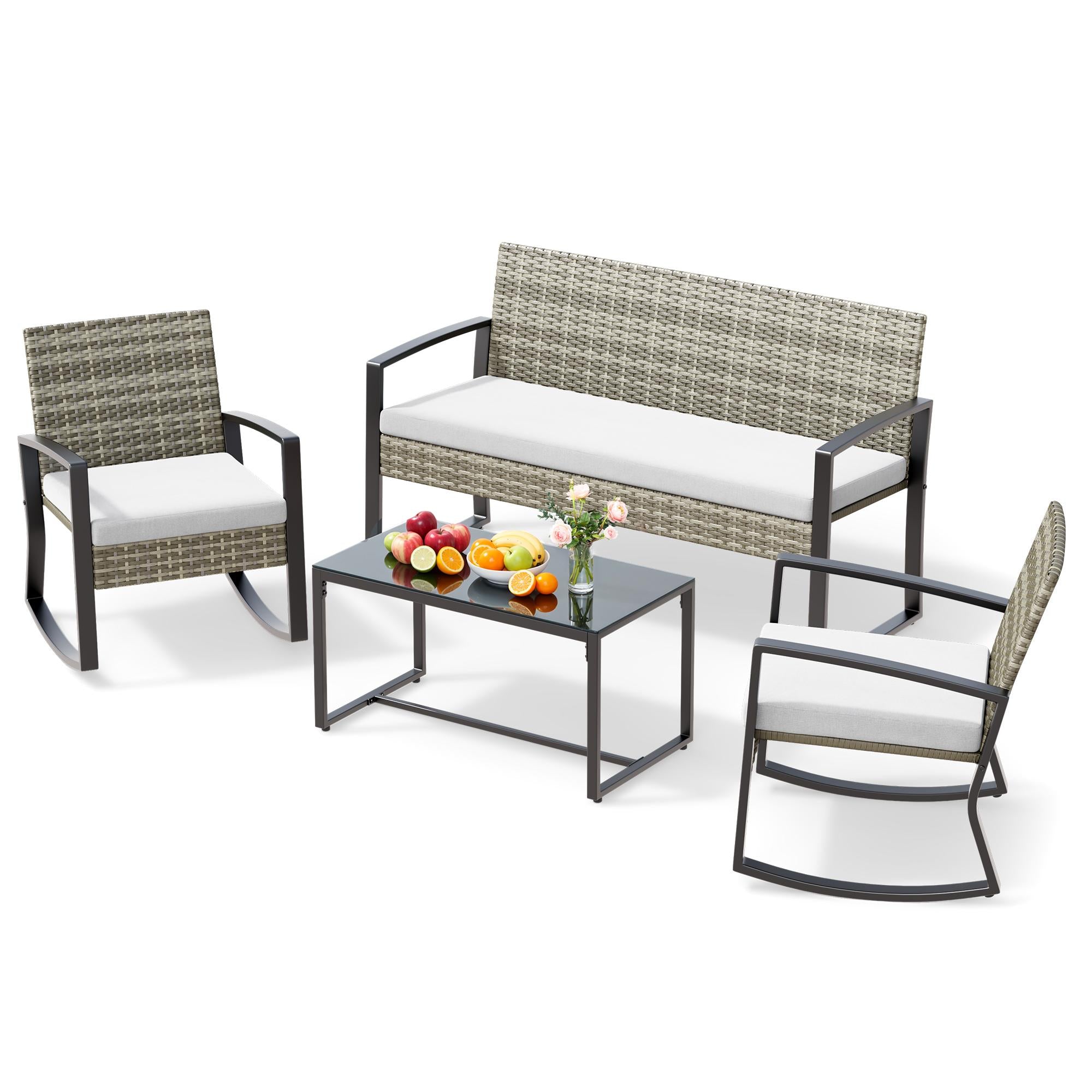 Bealife WR310 Gartenmöbel Set 4-teilig, 2 Schaukelstühle aus wasserfestem PE-Rattan und 1 Gartenbank, 1 Glastisch Für Terrasse & Balkon