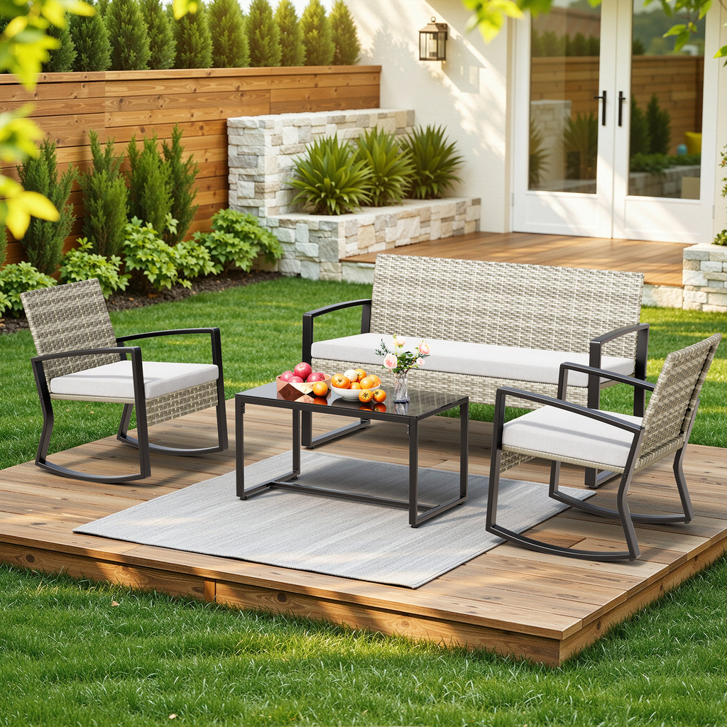 Bealife WR310 Gartenmöbel Set 4-teilig, 2 Schaukelstühle aus wasserfestem PE-Rattan und 1 Gartenbank, 1 Glastisch Für Terrasse & Balkon