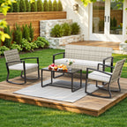 Bealife WR310 Gartenmöbel Set 4-teilig, 2 Schaukelstühle aus wasserfestem PE-Rattan und 1 Gartenbank, 1 Glastisch Für Terrasse & Balkon