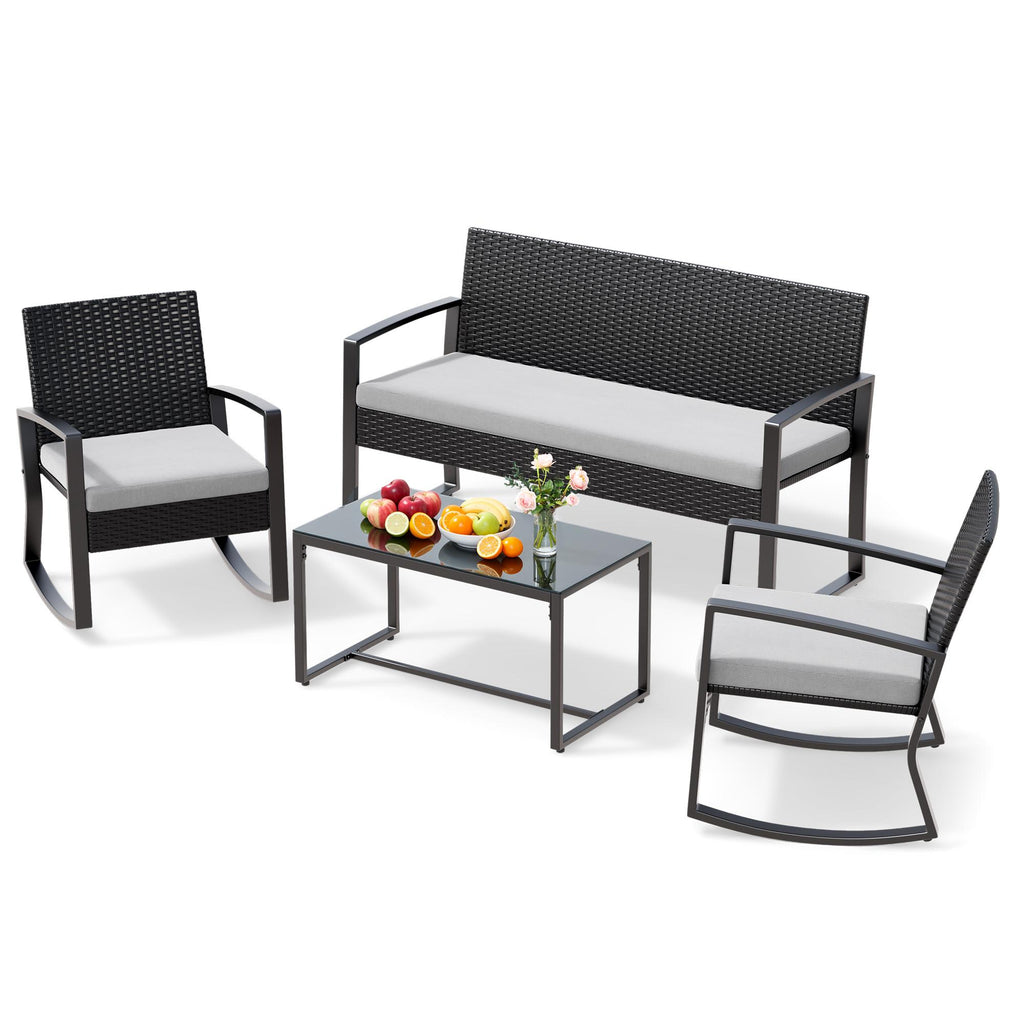 Bealife WR310 Gartenmöbel Set 4-teilig, 2 Schaukelstühle aus wasserfestem PE-Rattan und 1 Gartenbank, 1 Glastisch Für Terrasse & Balkon
