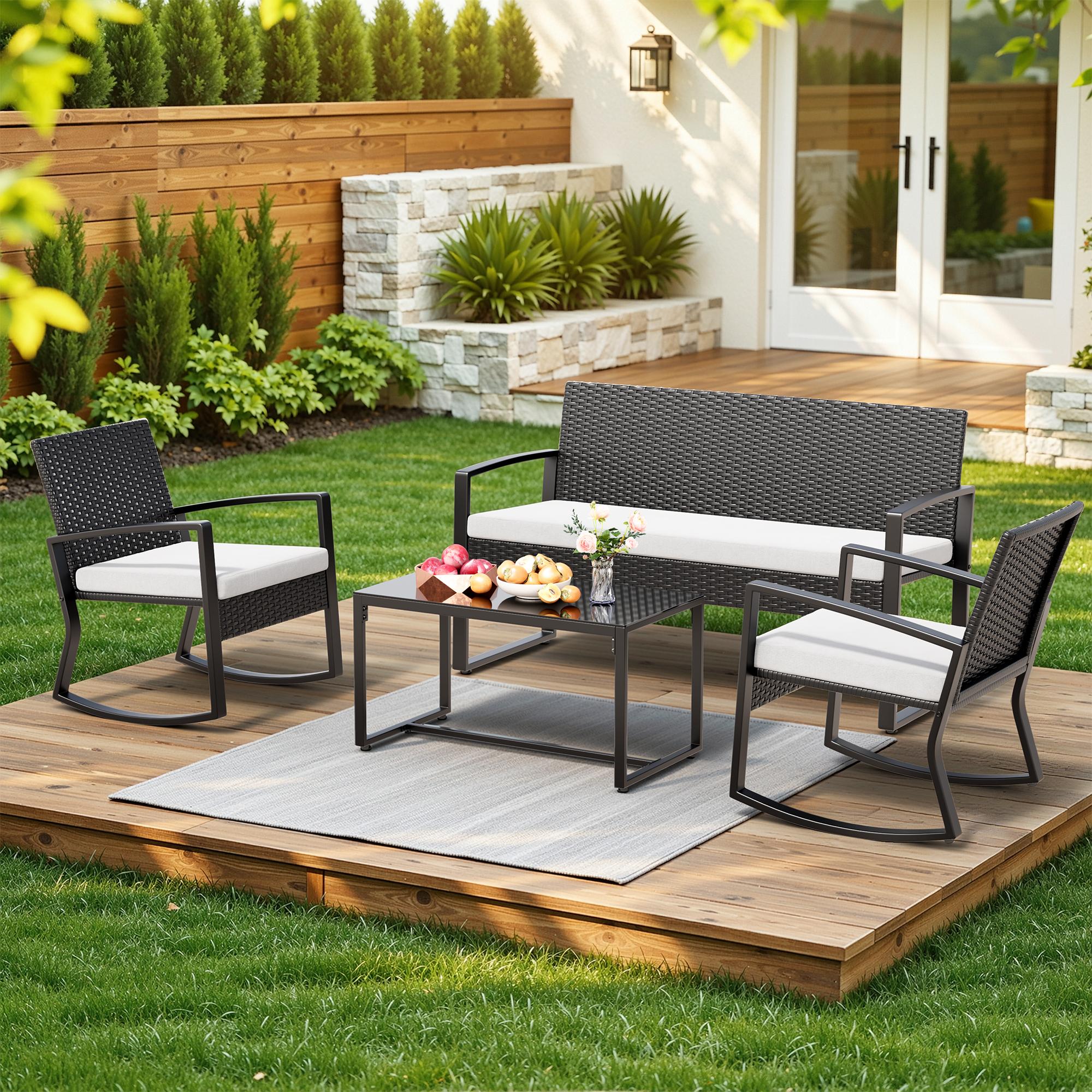 Bealife WR310 Gartenmöbel Set 4-teilig, 2 Schaukelstühle aus wasserfestem PE-Rattan und 1 Gartenbank, 1 Glastisch Für Terrasse & Balkon
