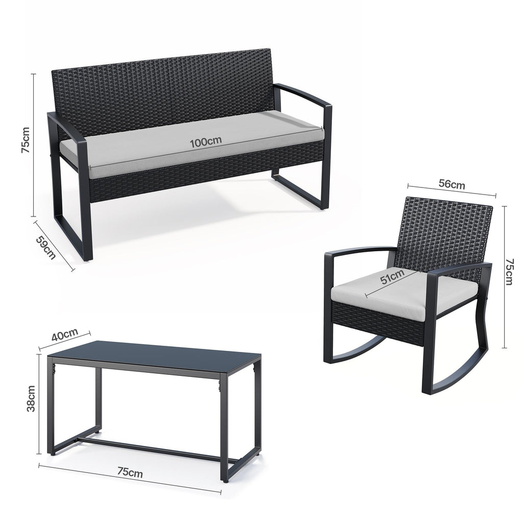 Bealife WR310 Gartenmöbel Set 4-teilig, 2 Schaukelstühle aus wasserfestem PE-Rattan und 1 Gartenbank, 1 Glastisch Für Terrasse & Balkon