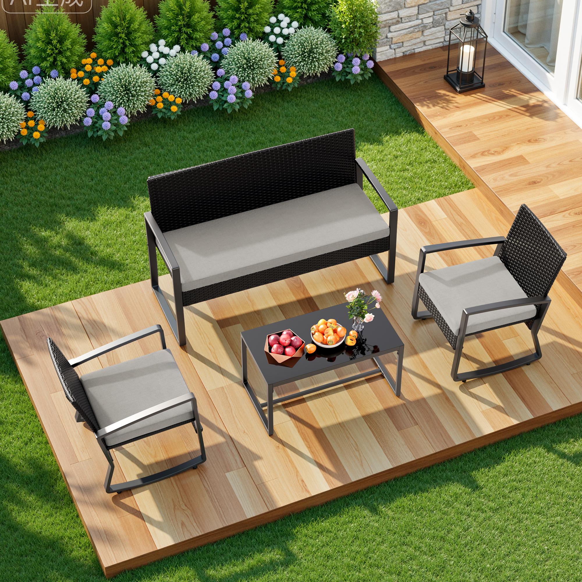 Bealife WR310 Gartenmöbel Set 4-teilig, 2 Schaukelstühle aus wasserfestem PE-Rattan und 1 Gartenbank, 1 Glastisch Für Terrasse & Balkon