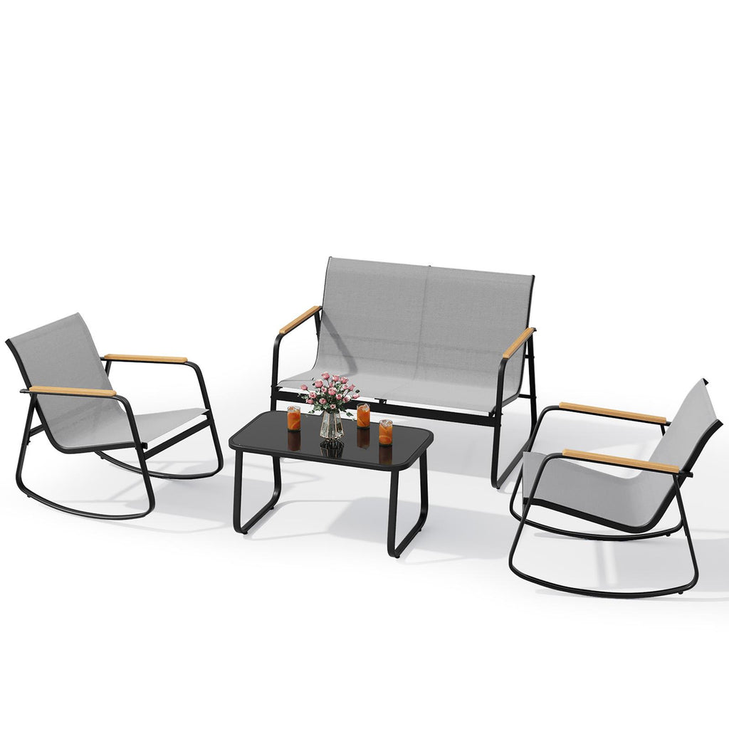 Bealife WR314 Gartenmöbel Set 4-teilig, 2 Schaukelstühle aus atmungsaktivem Mesh & 1 Glastisch, Wetterfeste Balkonmöbel für Terrasse, Balkon & Outdoor Bereich