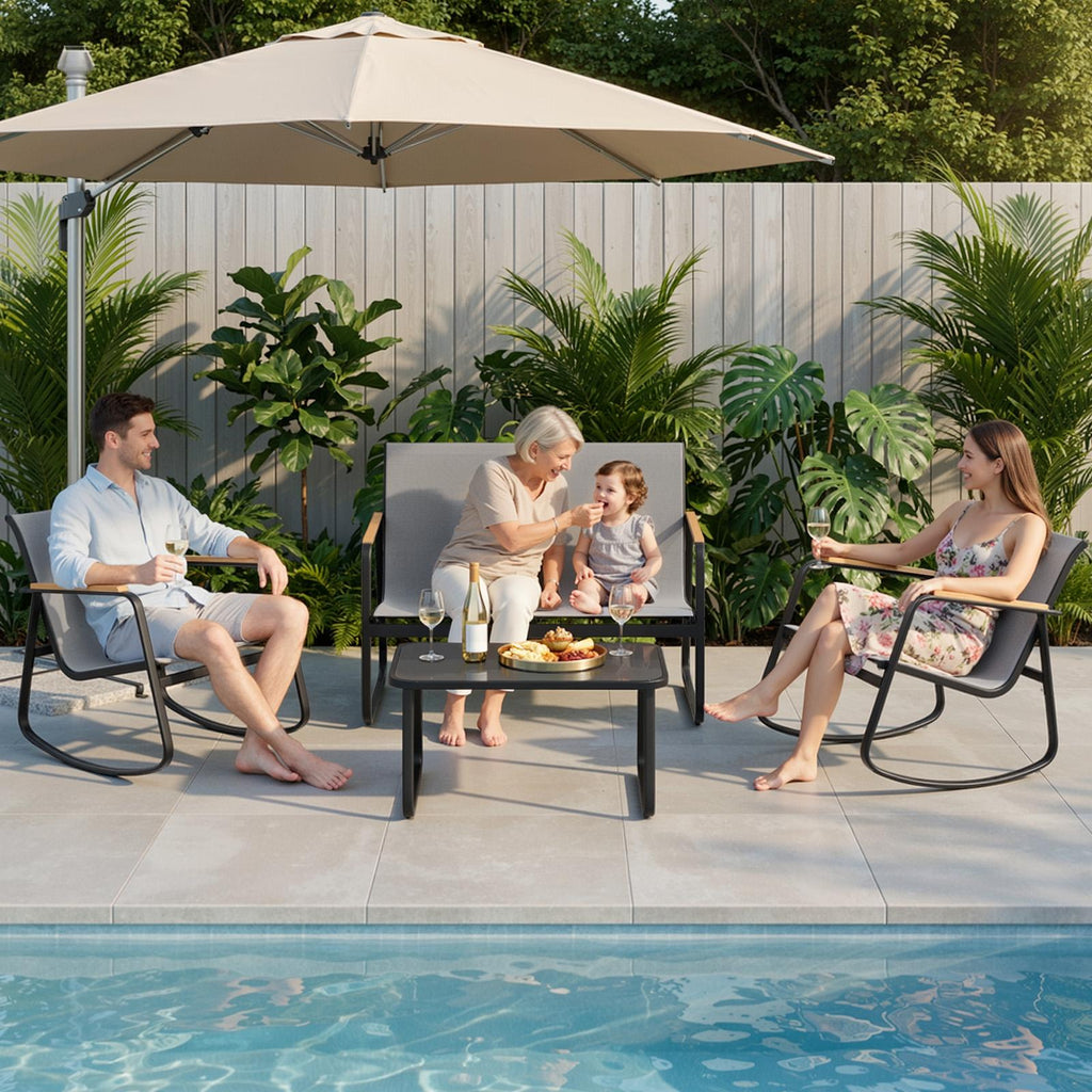 Bealife WR314 Gartenmöbel Set 4-teilig, 2 Schaukelstühle aus atmungsaktivem Mesh & 1 Glastisch, Wetterfeste Balkonmöbel für Terrasse, Balkon & Outdoor Bereich