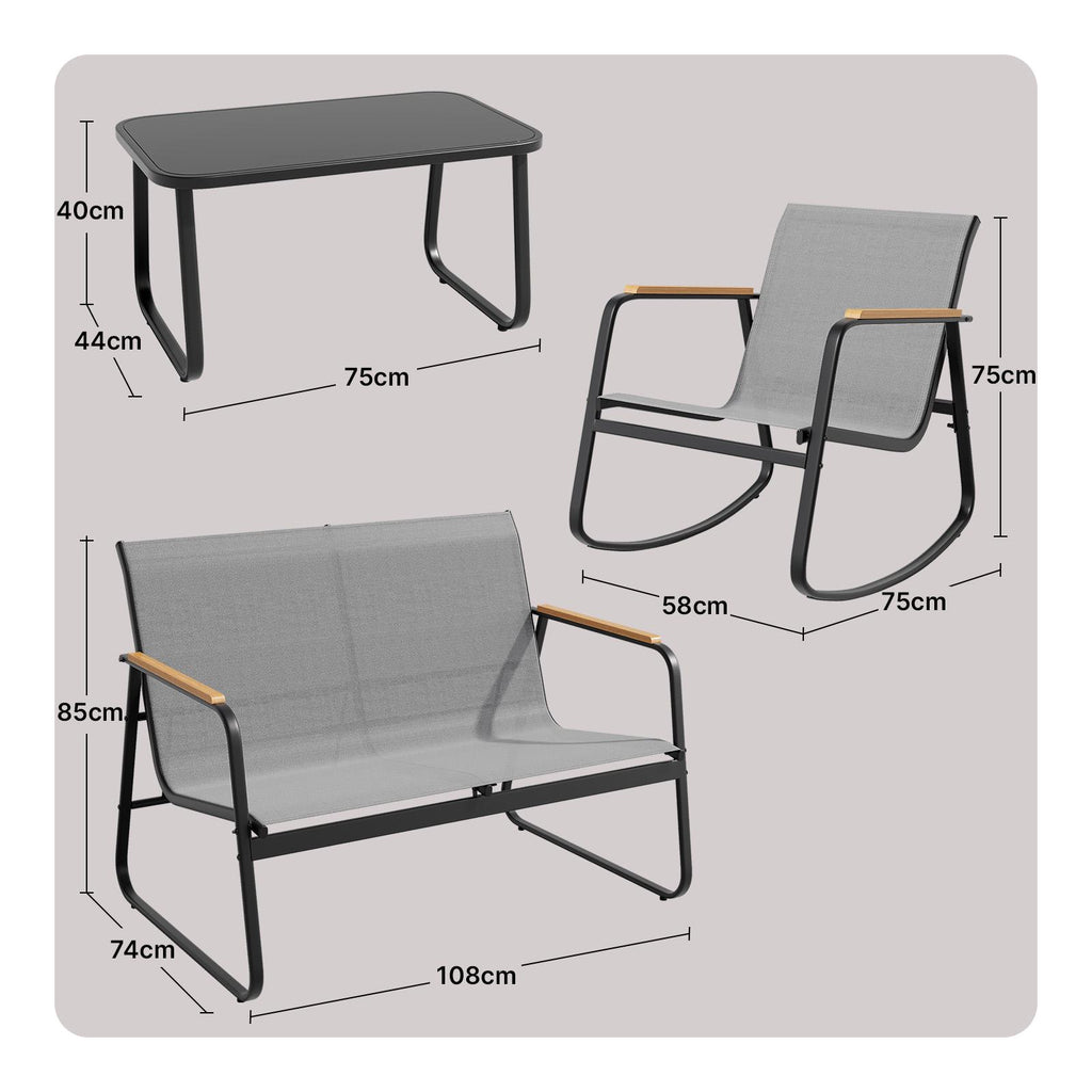 Bealife WR314 Gartenmöbel Set 4-teilig, 2 Schaukelstühle aus atmungsaktivem Mesh & 1 Glastisch, Wetterfeste Balkonmöbel für Terrasse, Balkon & Outdoor Bereich