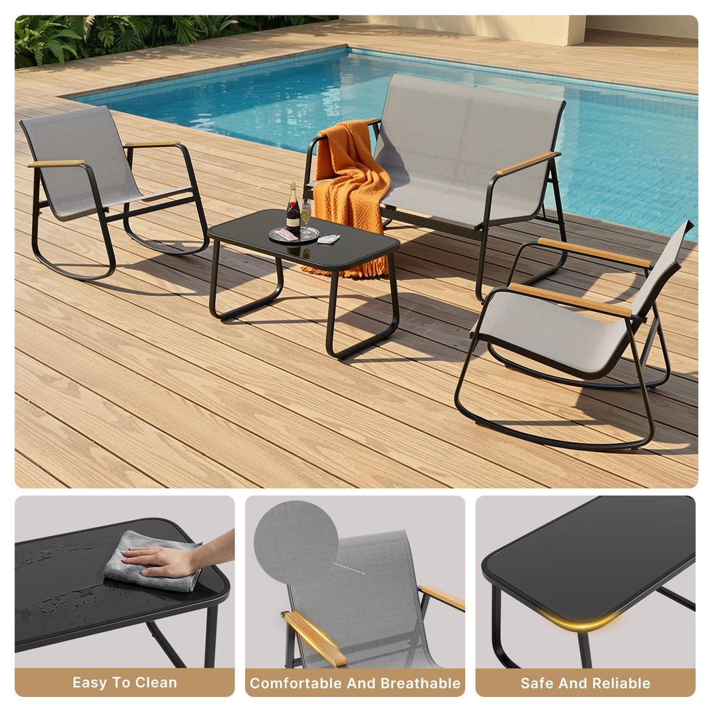 Bealife WR314 Gartenmöbel Set 4-teilig, 2 Schaukelstühle aus atmungsaktivem Mesh & 1 Glastisch, Wetterfeste Balkonmöbel für Terrasse, Balkon & Outdoor Bereich