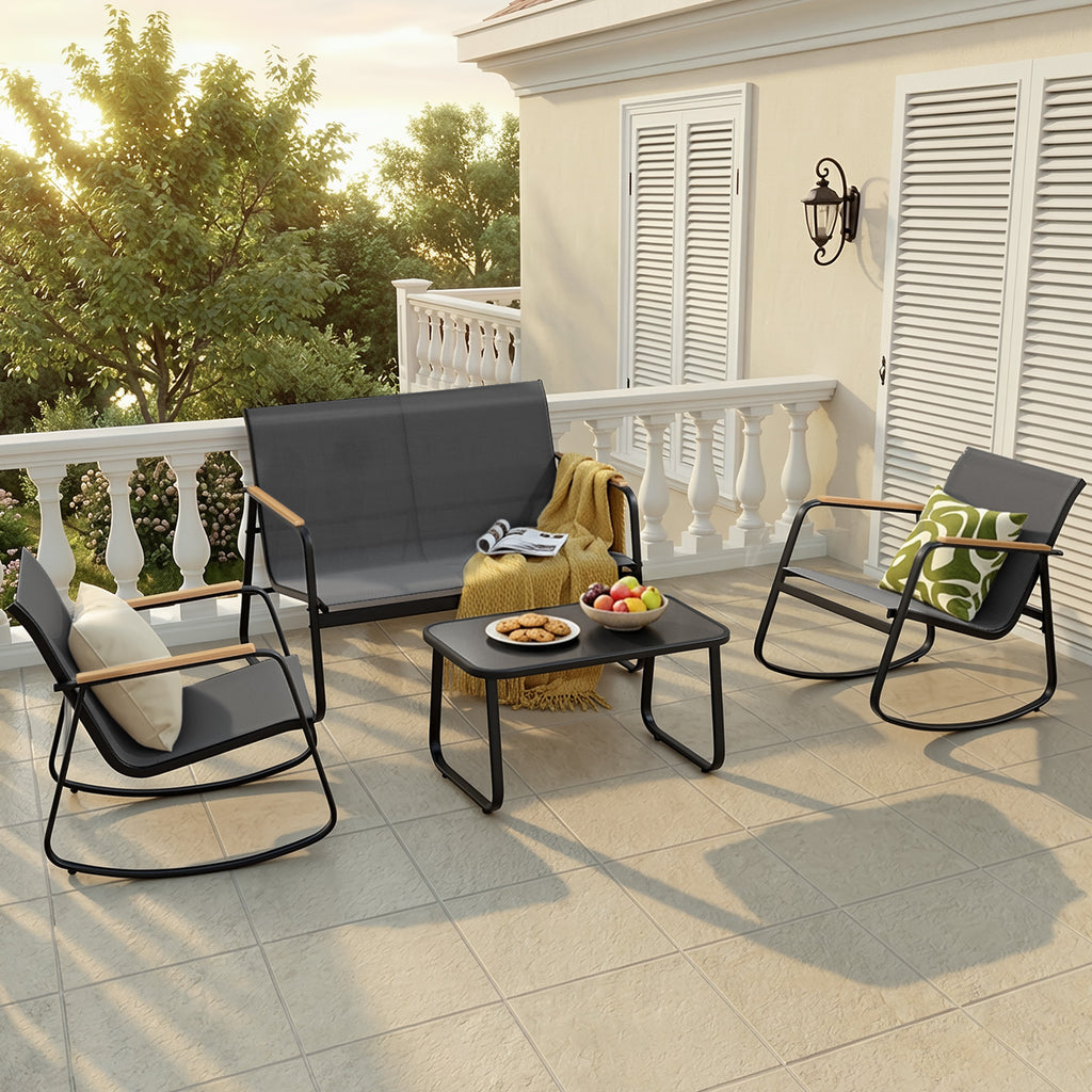 Bealife WR314 Gartenmöbel Set 4-teilig, 2 Schaukelstühle aus atmungsaktivem Mesh & 1 Glastisch, Wetterfeste Balkonmöbel für Terrasse, Balkon & Outdoor Bereich
