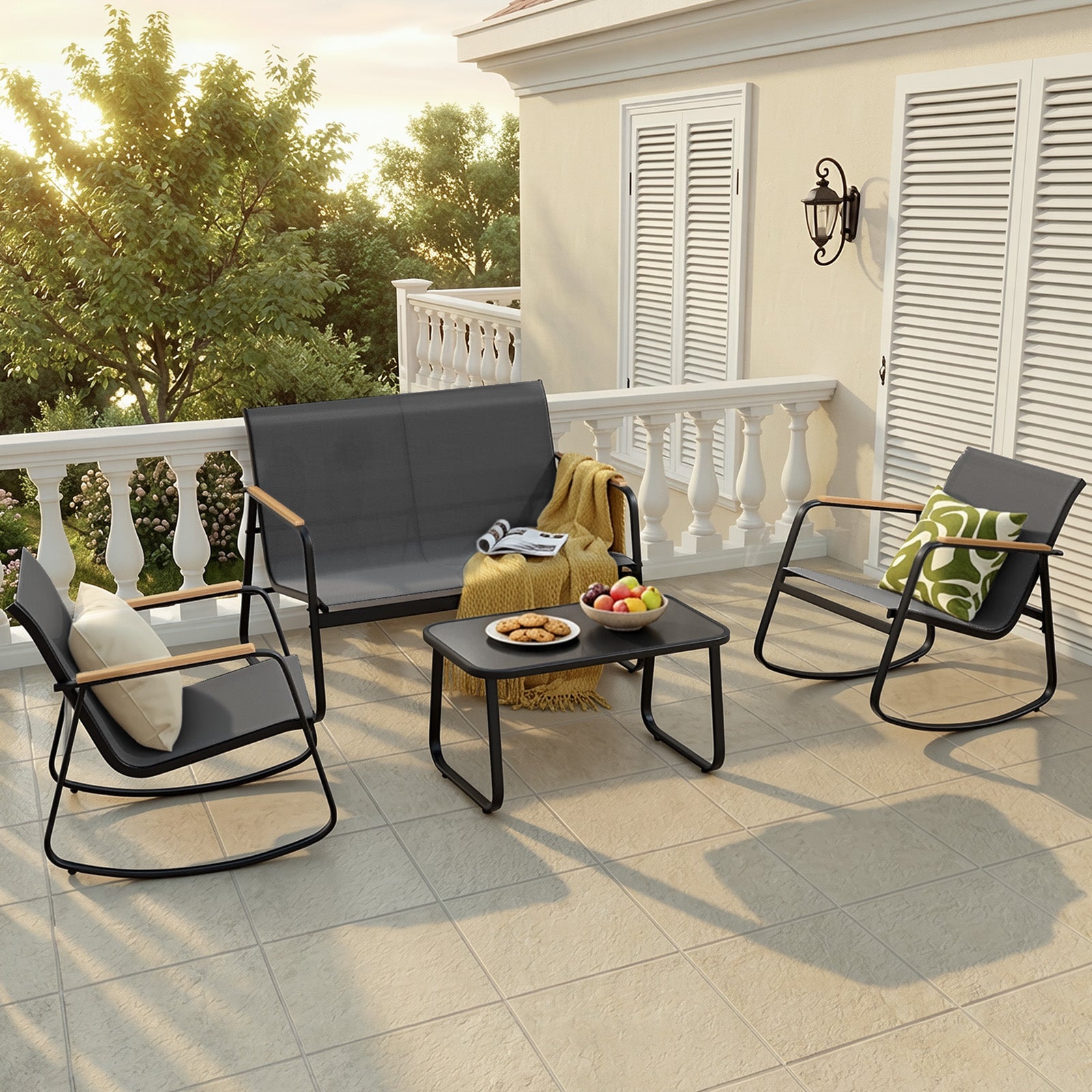 Bealife WR314 Gartenmöbel Set 4-teilig, 2 Schaukelstühle aus atmungsaktivem Mesh & 1 Glastisch, Wetterfeste Balkonmöbel für Terrasse, Balkon & Outdoor Bereich