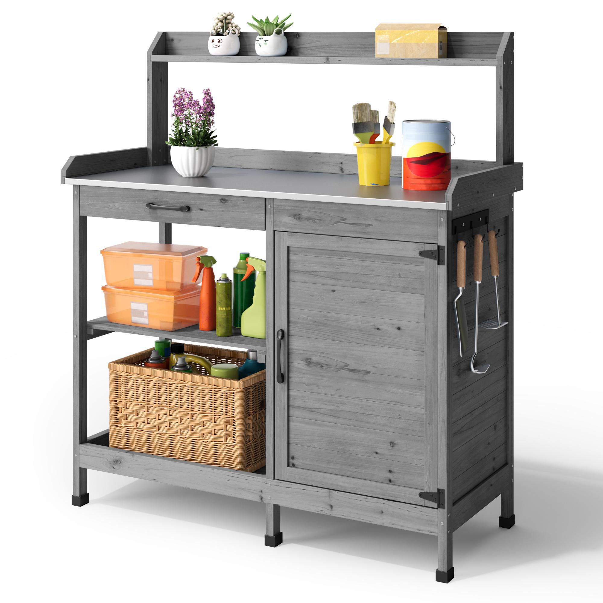 Bealife CC51 Multifunktionaler Gartenschrank mit Haken und Schublade, auch als Pflanztisch und Pflanzenregal verwendbar