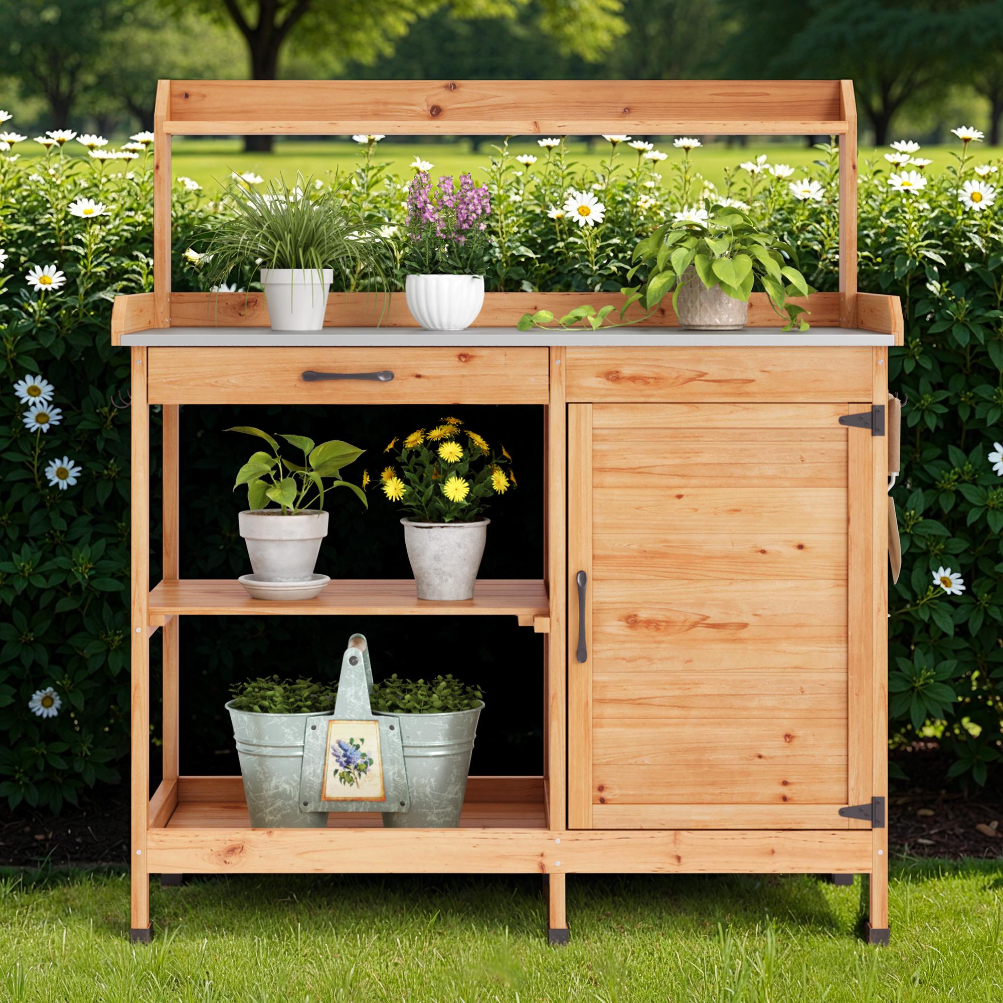 Bealife CC51 Multifunktionaler Gartenschrank mit Haken und Schublade, auch als Pflanztisch und Pflanzenregal verwendbar