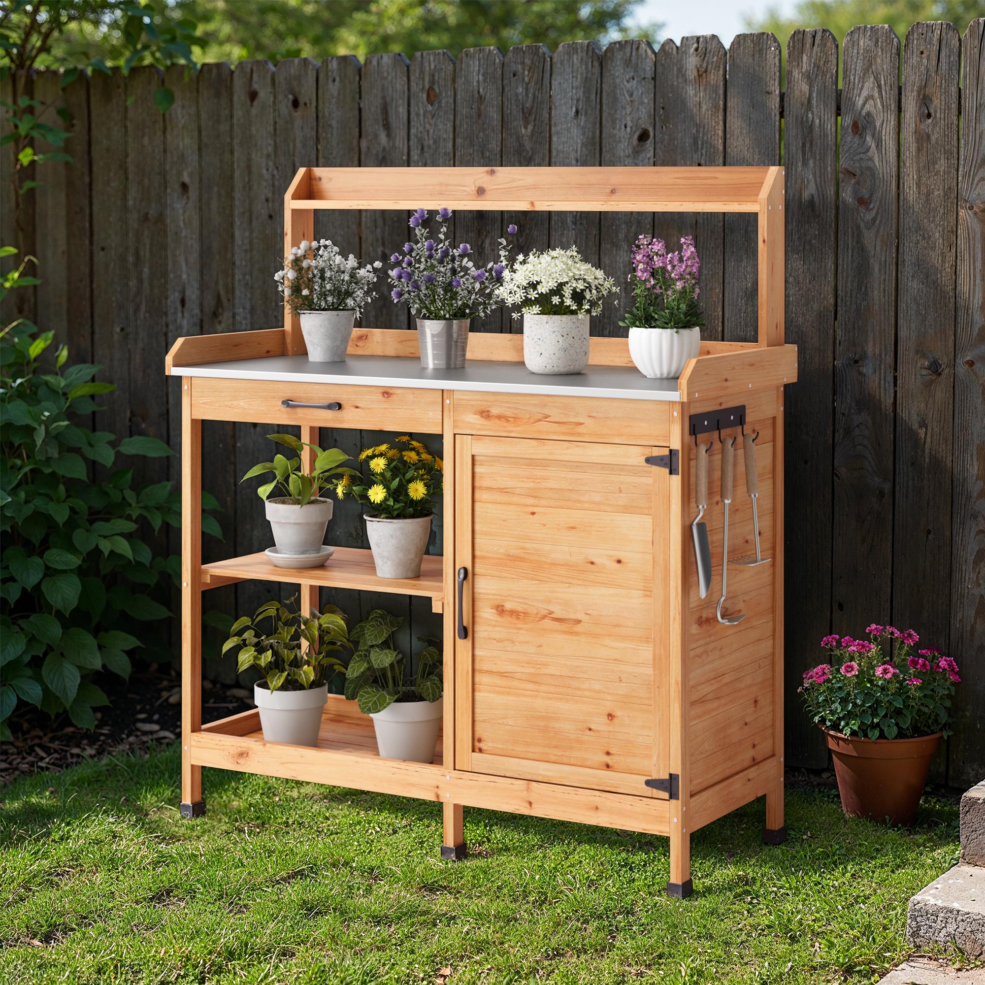 Bealife CC51 Multifunktionaler Gartenschrank mit Haken und Schublade, auch als Pflanztisch und Pflanzenregal verwendbar