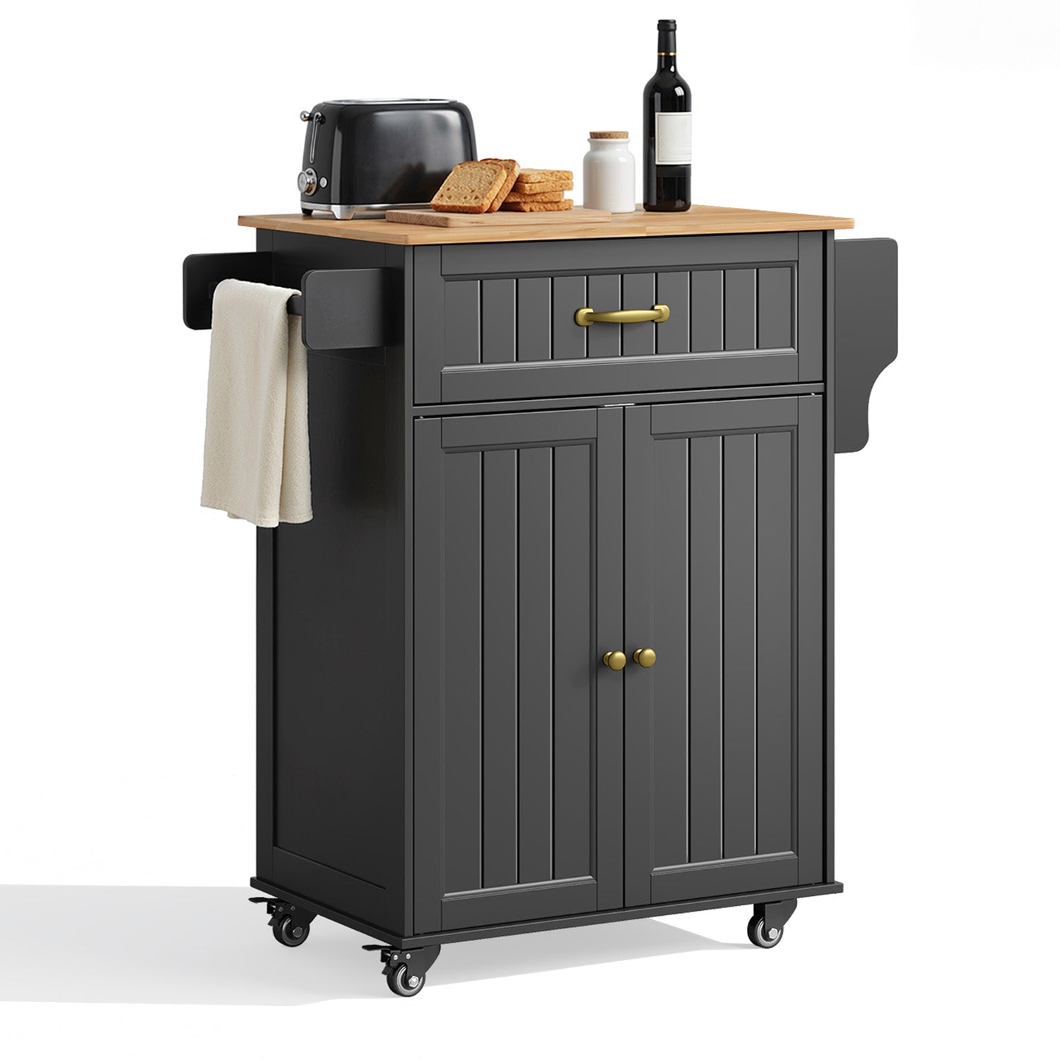 Bealife AK61 Mobiler Küchenwagen, Rollwagen mit Arbeitsplatte, 2 Schubladen, Gewürzboard und Handtuchhalter