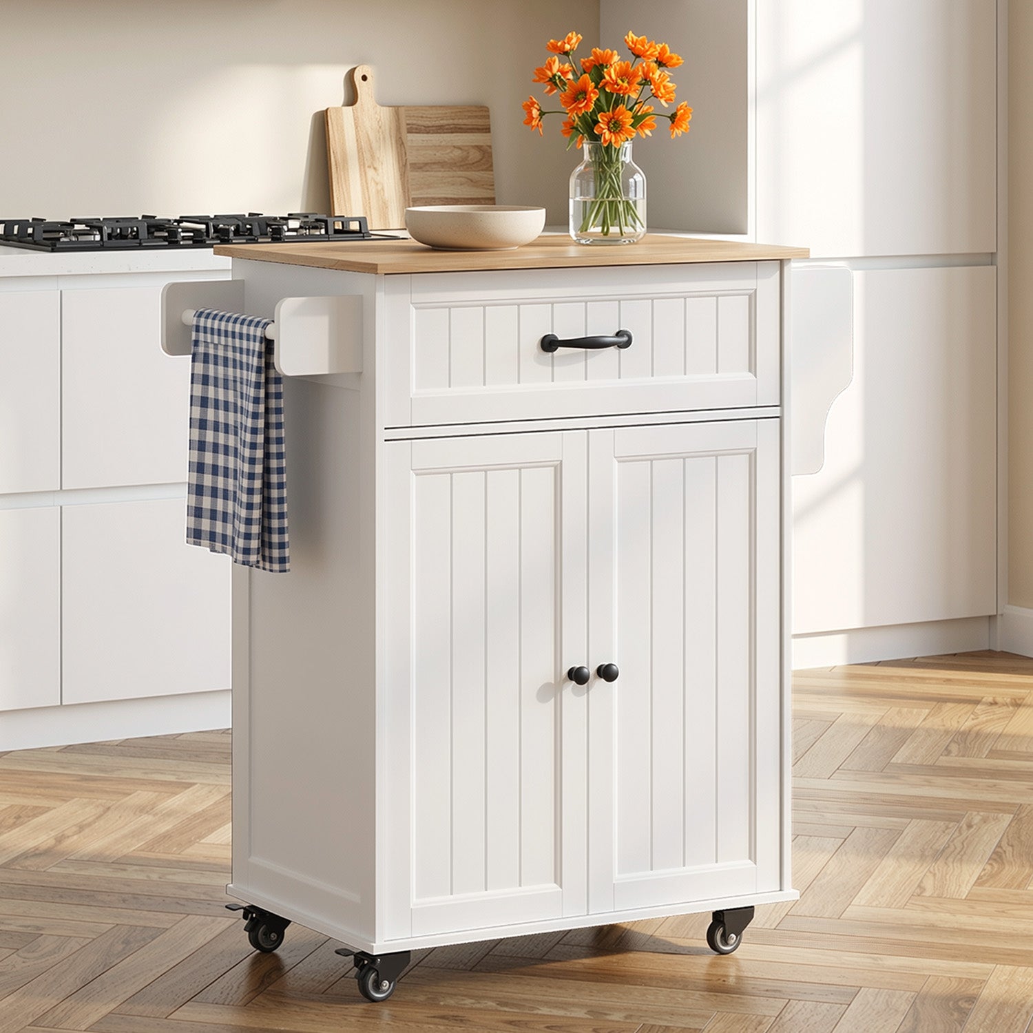 Bealife AK61 Mobiler Küchenwagen, Rollwagen mit Arbeitsplatte, 2 Schubladen, Gewürzboard und Handtuchhalter