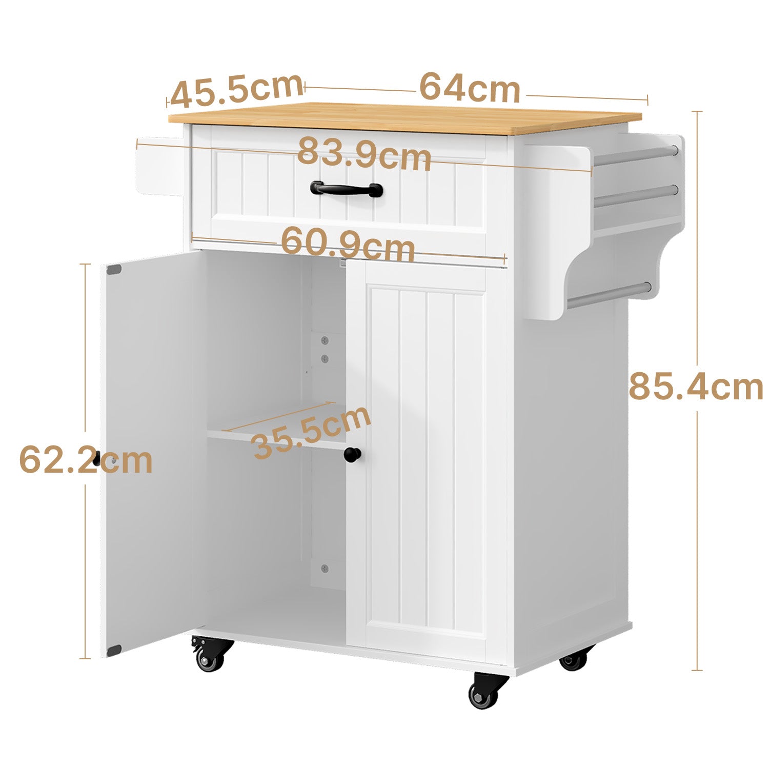 Bealife AK61 Mobiler Küchenwagen, Rollwagen mit Arbeitsplatte, 2 Schubladen, Gewürzboard und Handtuchhalter