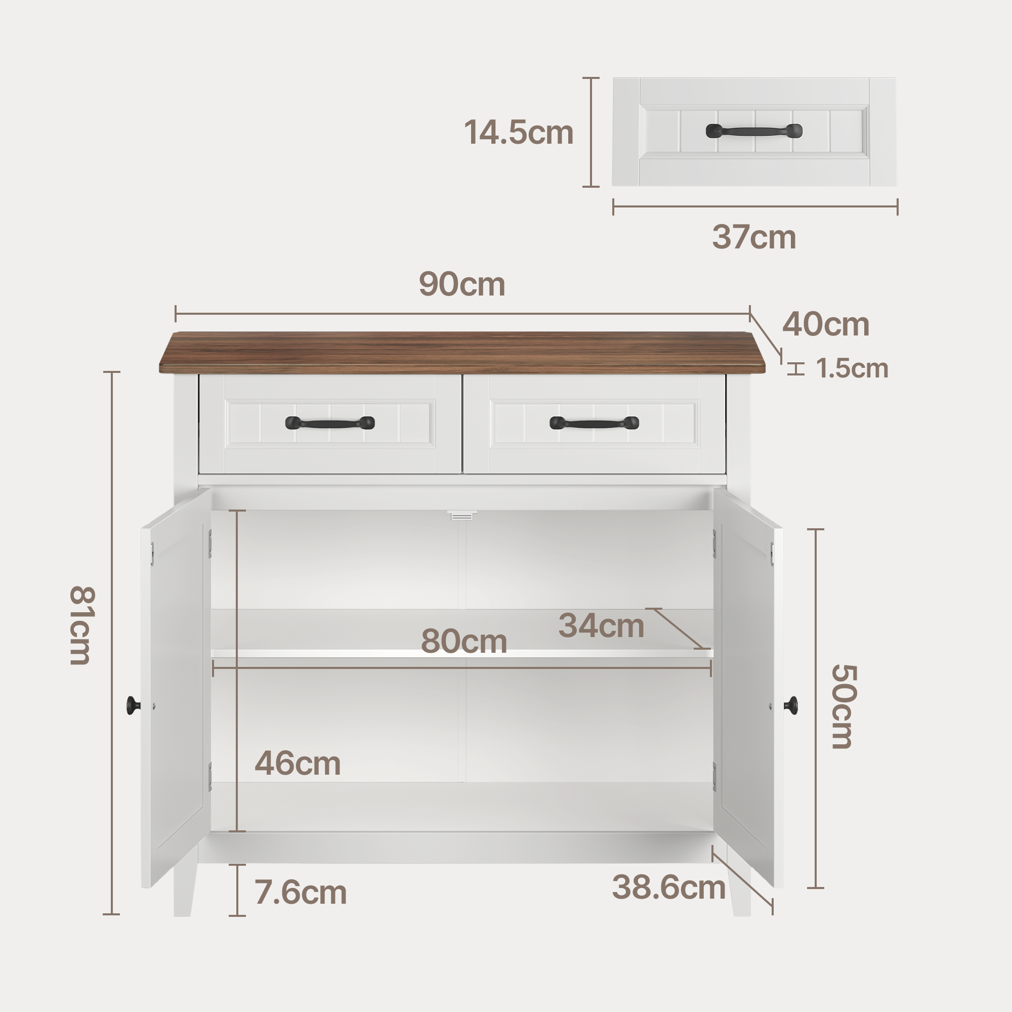 Bealife AP30 Küchenbuffet, Retro-Design Sideboard mit 2 Schubladen, Höhenverstellbar & Kann als Weinrega