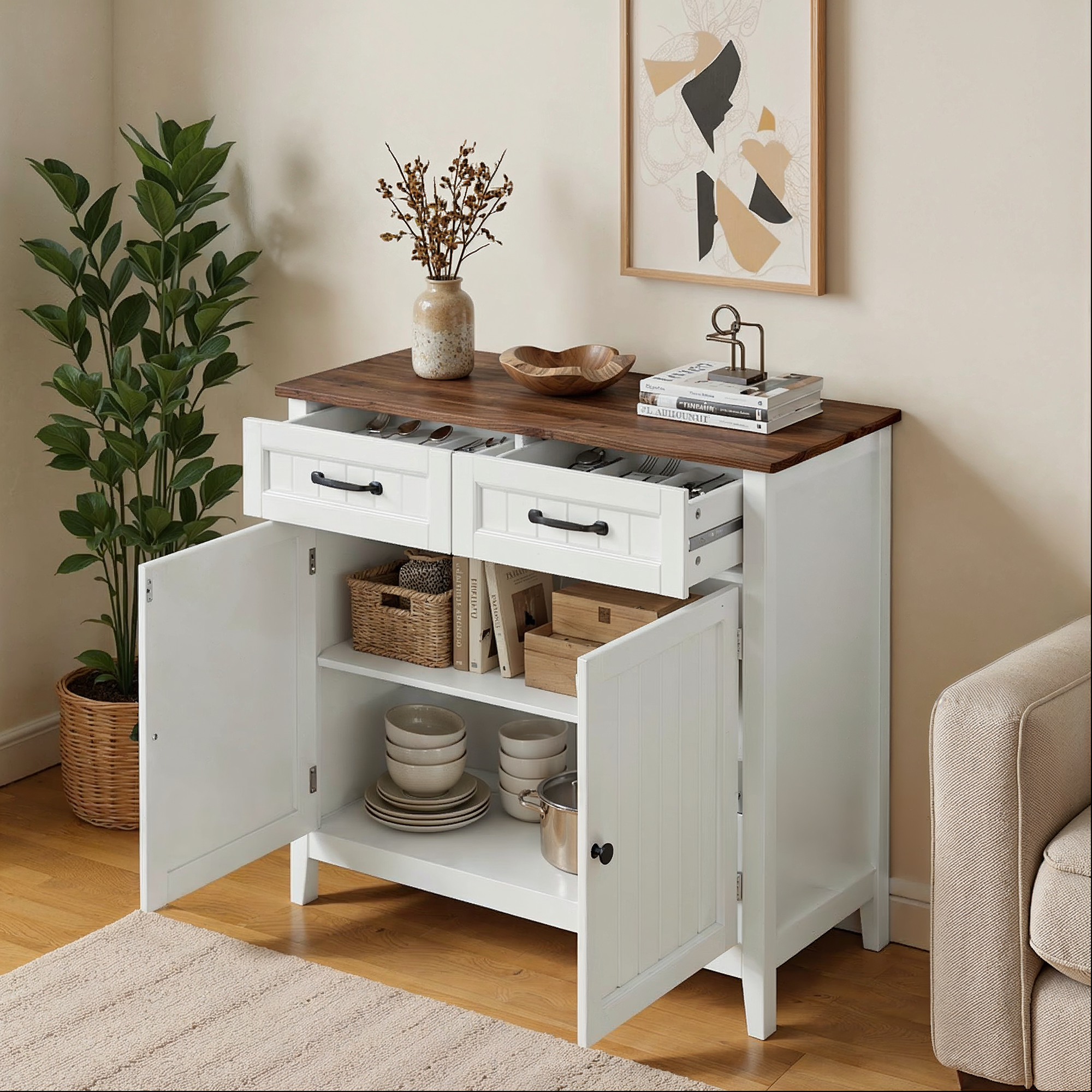 Bealife AP30 Küchenbuffet, Retro-Design Sideboard mit 2 Schubladen, Höhenverstellbar & Kann als Weinrega