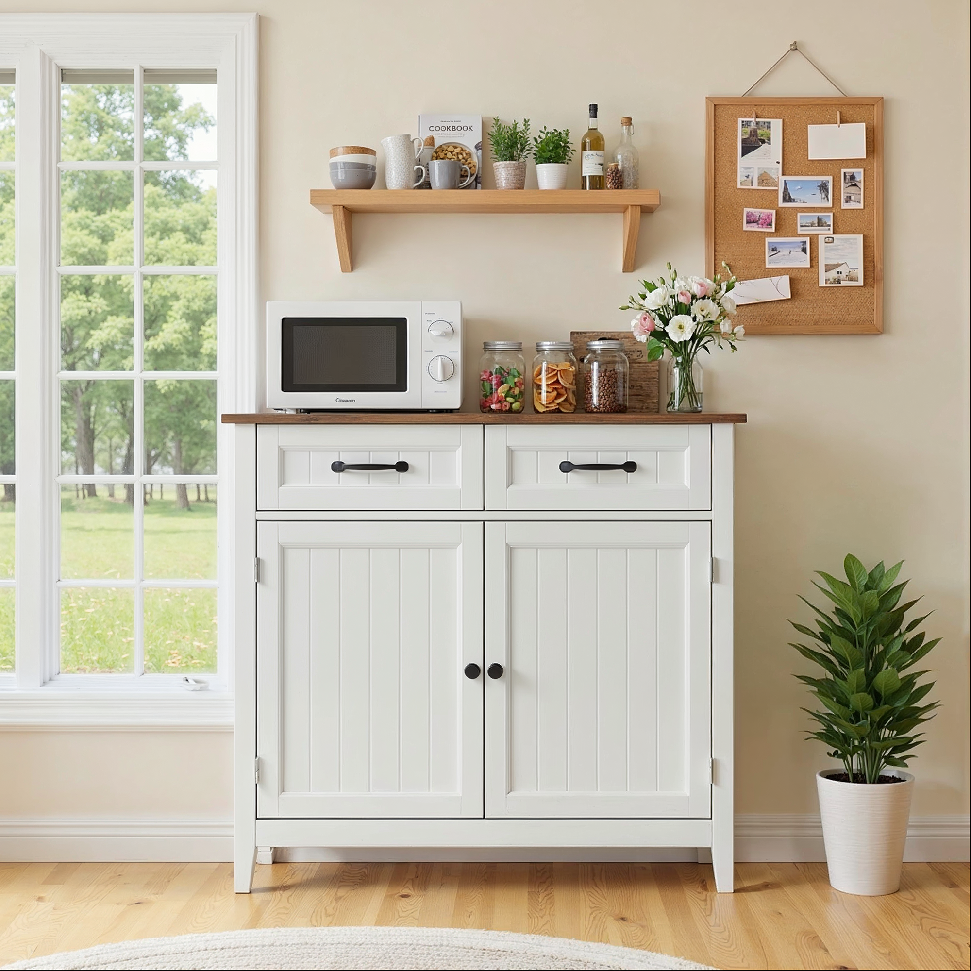 Bealife AP30 Küchenbuffet, Retro-Design Sideboard mit 2 Schubladen, Höhenverstellbar & Kann als Weinrega