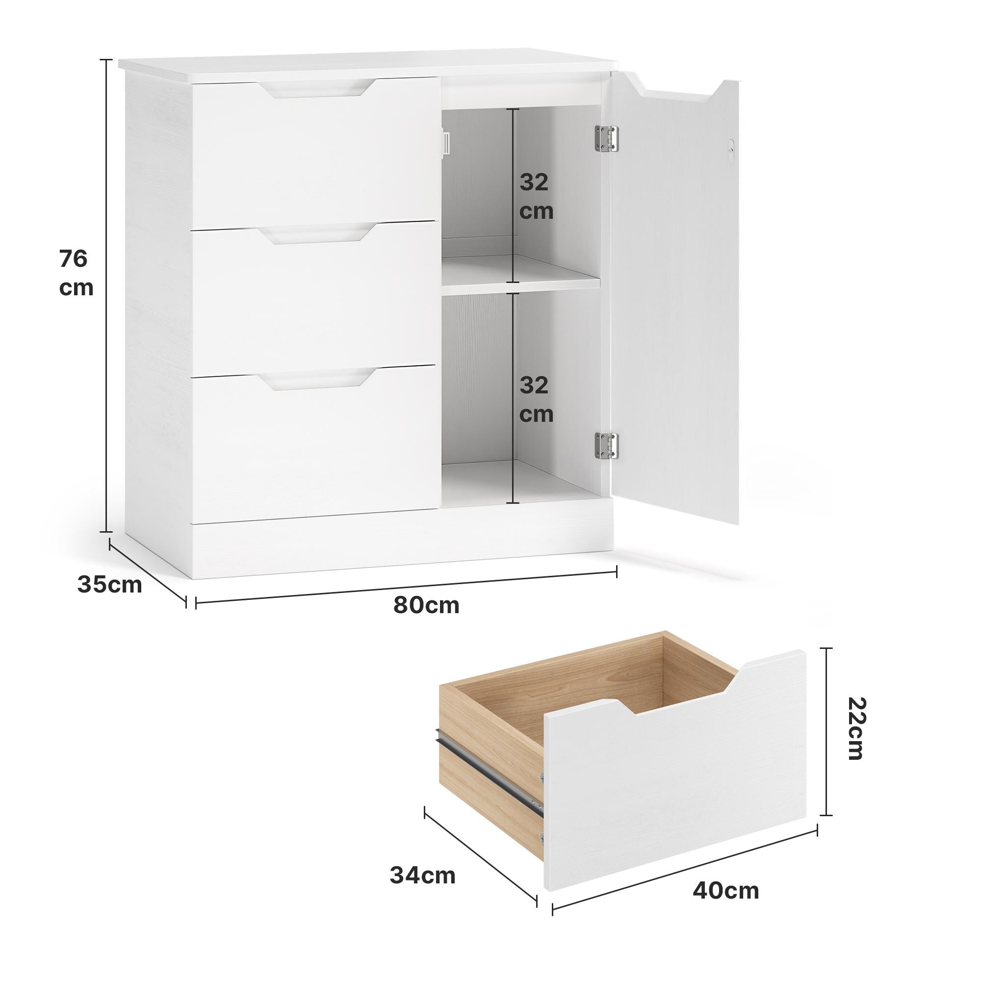Bealife AP114 Sideboards mit 1 Tür und 3 Schubladen, Kippsicherung & agnetverschluss für Bad, Flur & Schlafzimmer