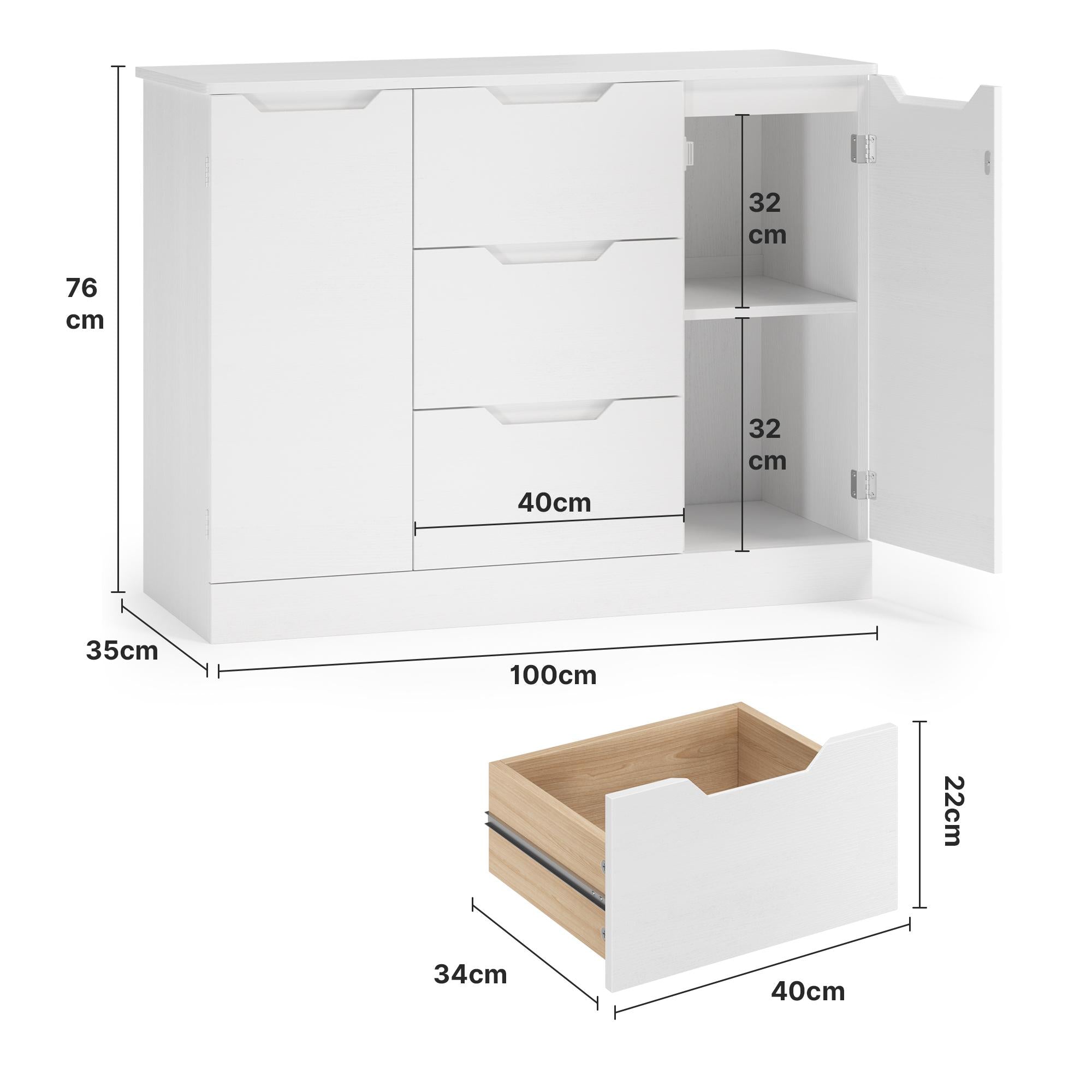 Bealife AP115 Sideboards mit 2 Türen und 3 Schubladen, viel Stauraum, wasserfest und kippsicher für geräumige Wohnzimmer und Badezimmer