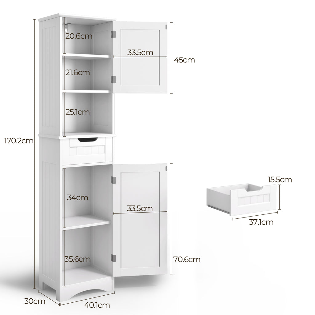 Bealife AP13 Badezimmerschrank schmal 170 cm – Höhenverstellbare Regale und Kippsicherung