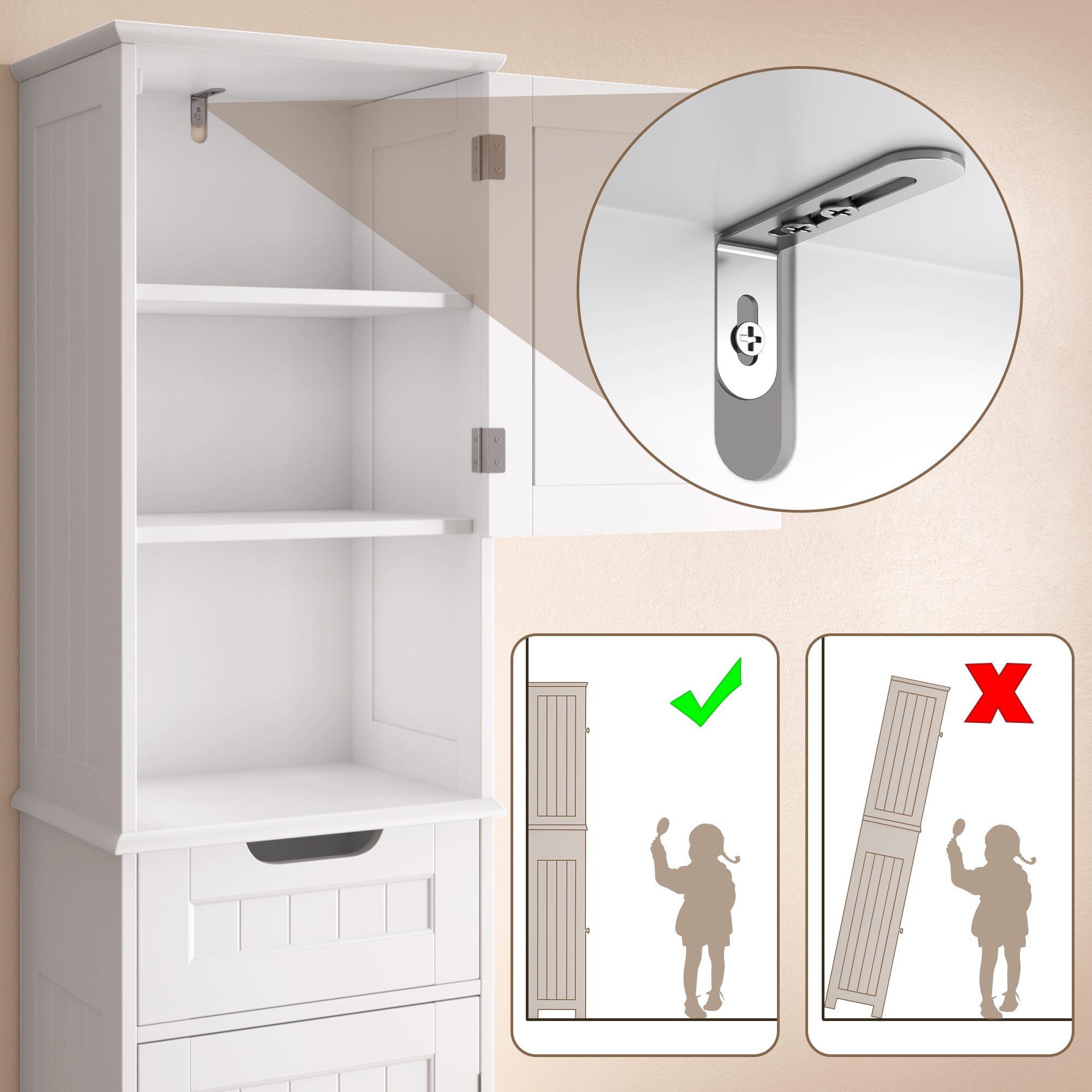 Bealife AP13 Badezimmerschrank schmal 170 cm – Höhenverstellbare Regale und Kippsicherung