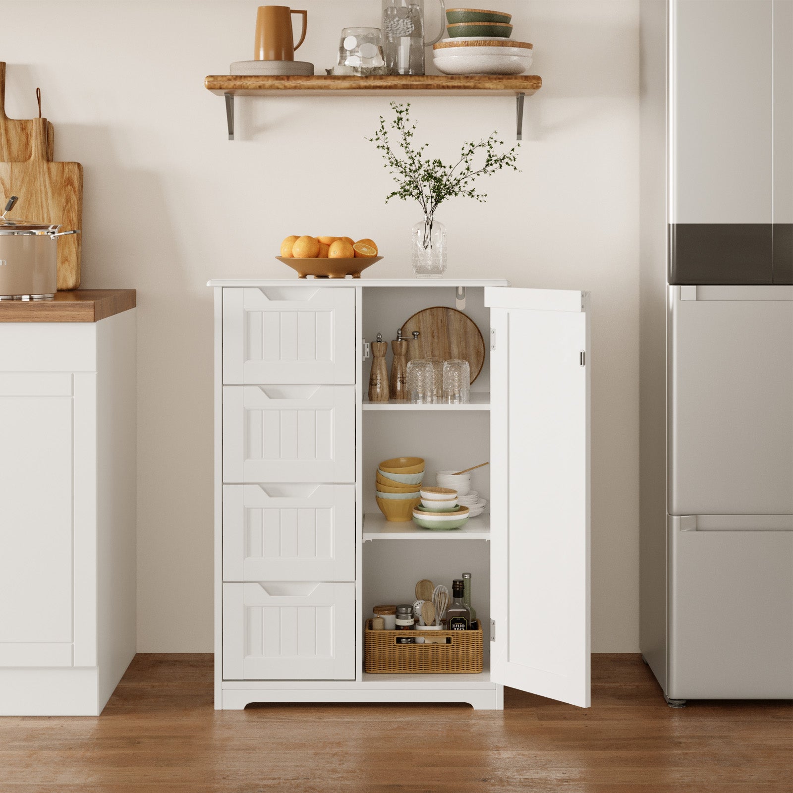 Bealife AP26 Badezimmer Sideboard, Badschrank Schmal Beistellschrank mit 4 Schubladen und 1 Tür