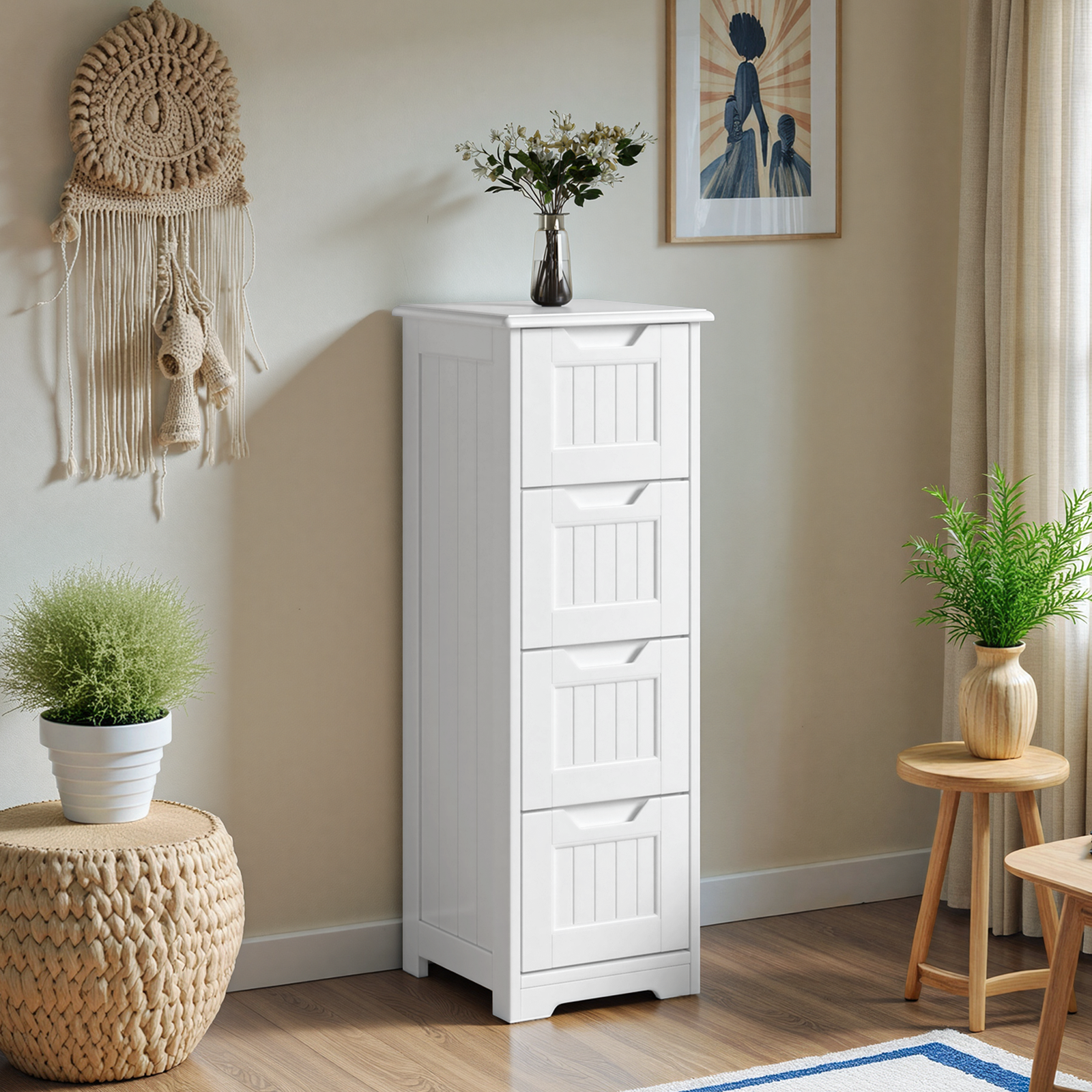 Bealife AP27 Badezimmerschrank, Beistellschrank mit 4 Schubladen Schranktür Verstellbare Trennwand Geeignet