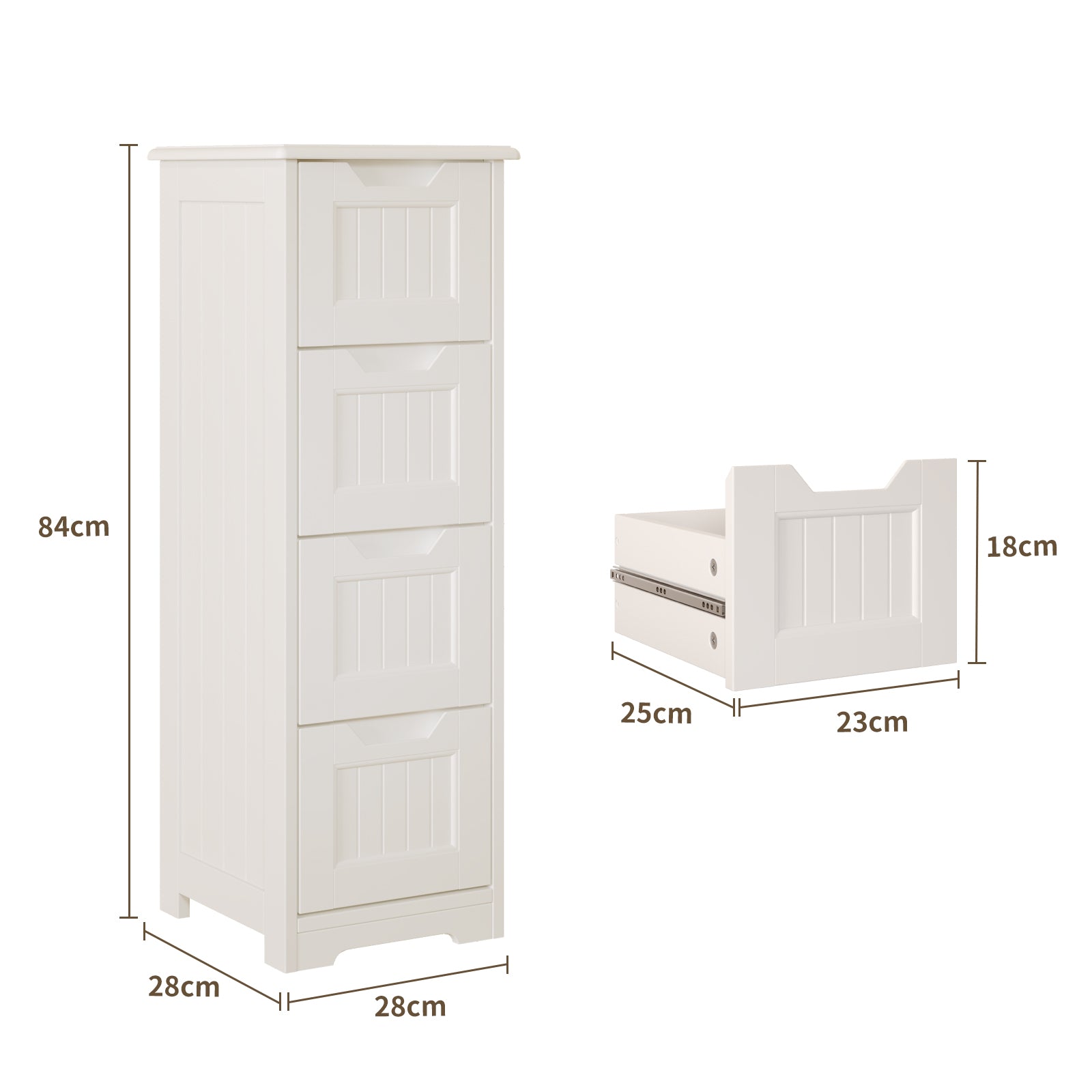 Bealife AP27 Badezimmerschrank, Beistellschrank mit 4 Schubladen Schranktür Verstellbare Trennwand Geeignet