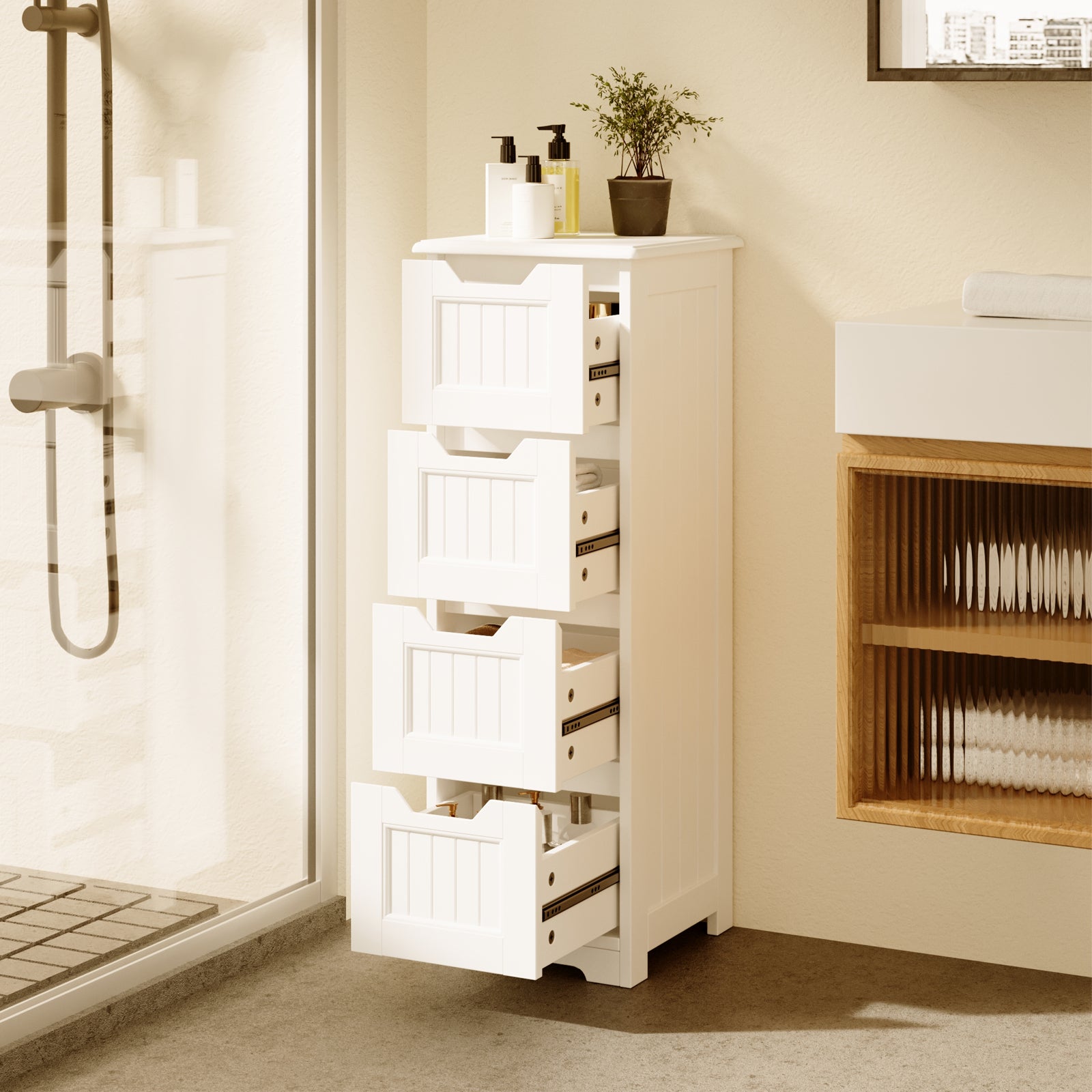 Bealife AP27 Badezimmerschrank, Beistellschrank mit 4 Schubladen Schranktür Verstellbare Trennwand Geeignet