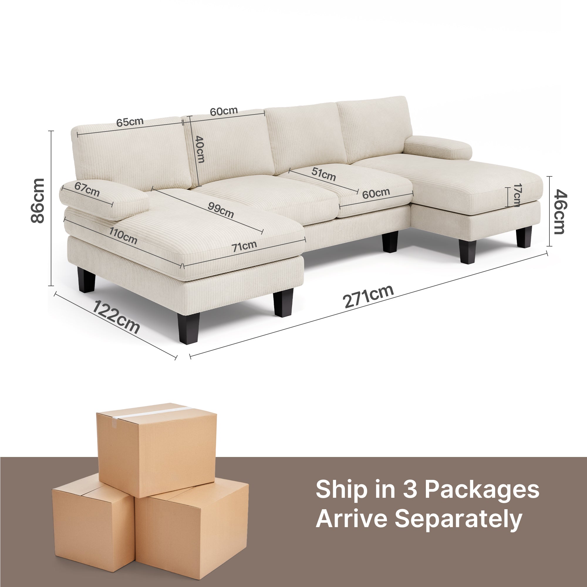 BEALIFE AR103 U-förmiges Sofa mit Schlaffunktion, 4-Sitzer mit Armlehnen für Wohnzimmer