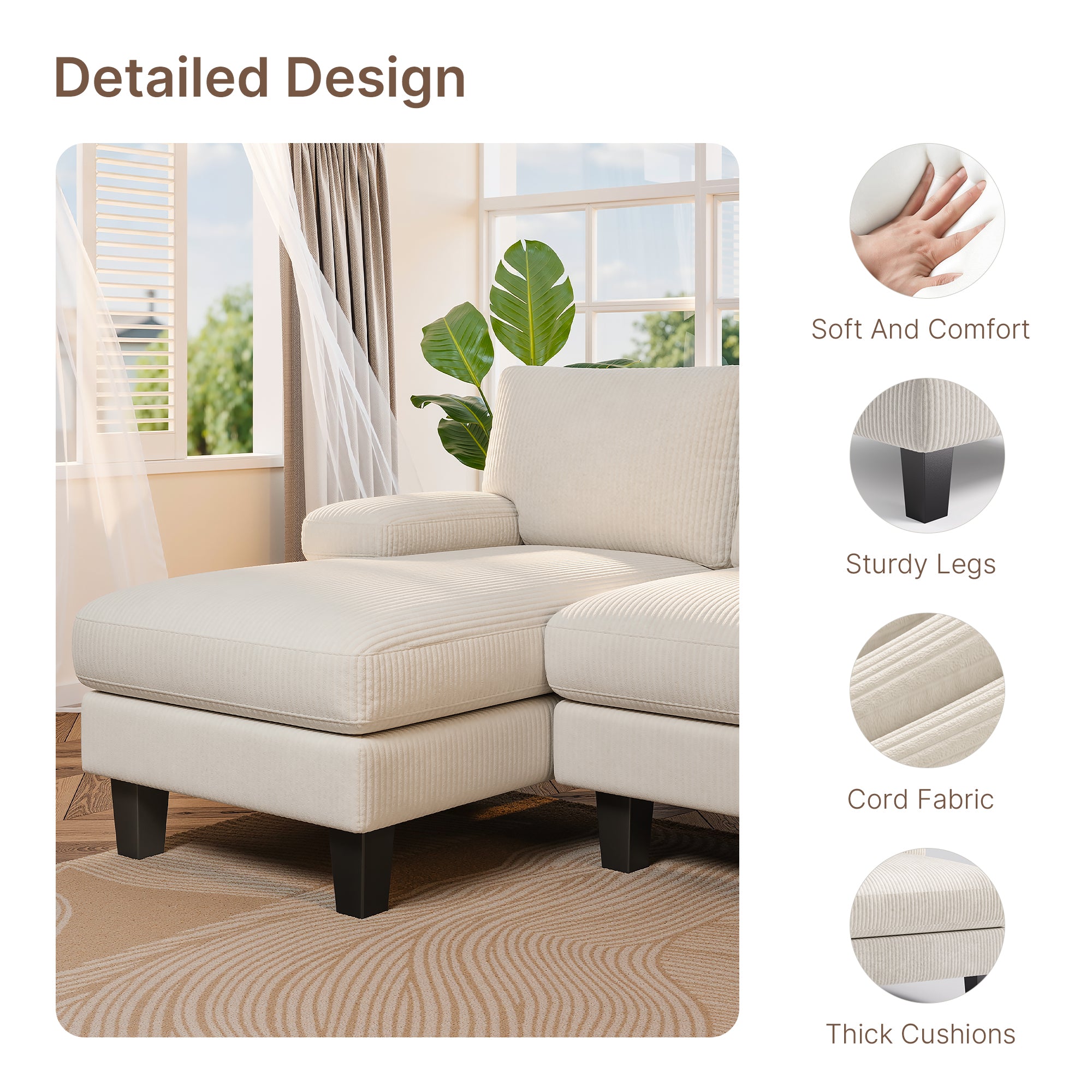 BEALIFE AR103 U-förmiges Sofa mit Schlaffunktion, 4-Sitzer mit Armlehnen für Wohnzimmer