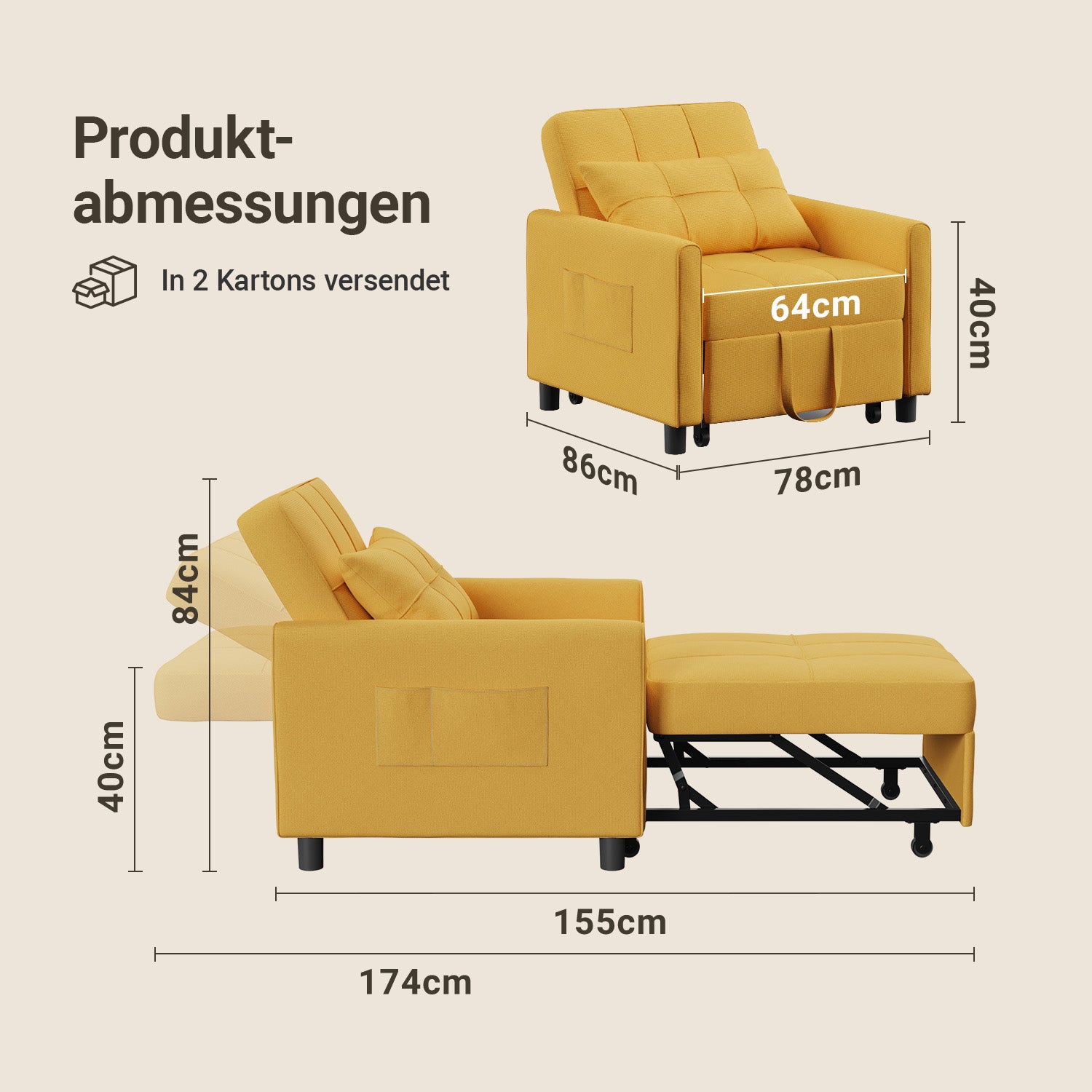 Bealife AR24 Sofa-Bett, 3-in-1 konvertierbares Stuhl-Bett, Liege mit Schlaffunktion, mit Kissen
