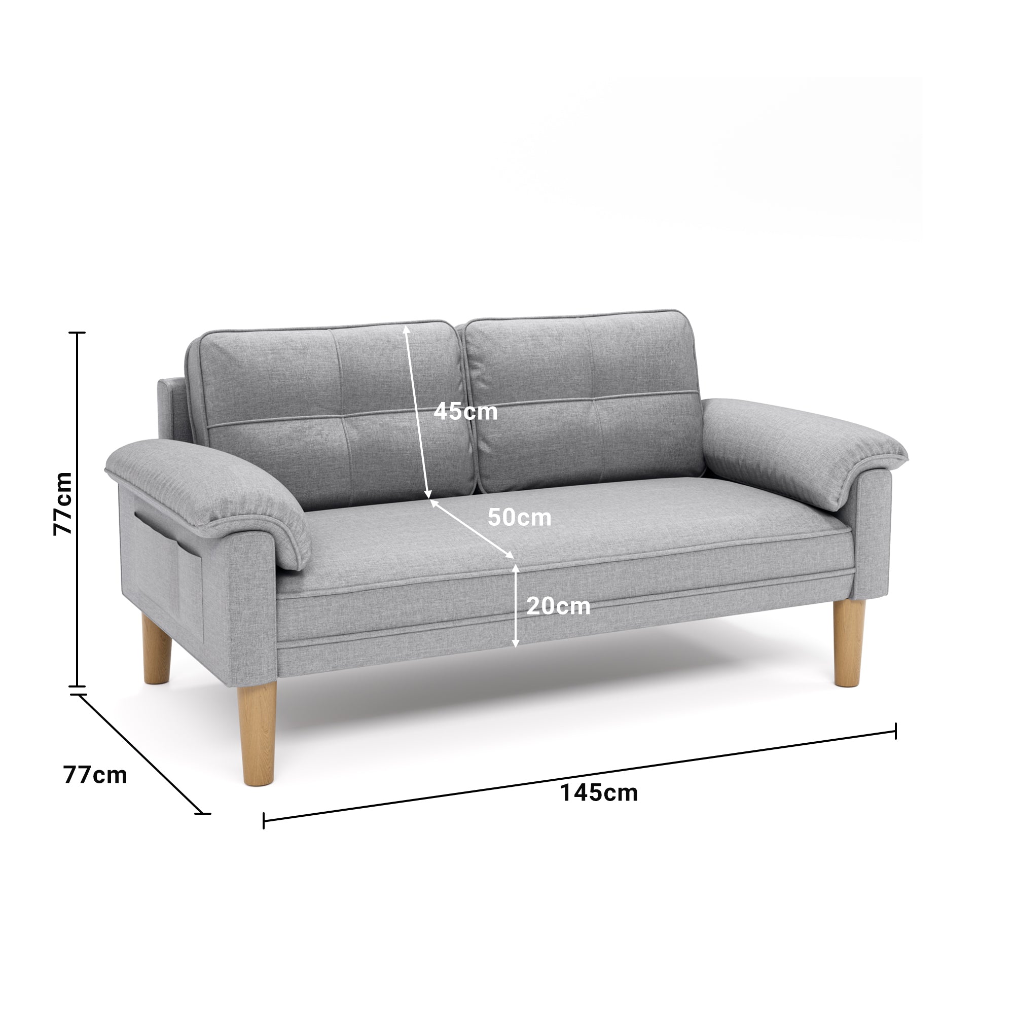 Bealife AR71 Sofa 2-Sitzer Grau Mit Seitentaschen, Hautschonender Stoff & Stabile Konstruktion