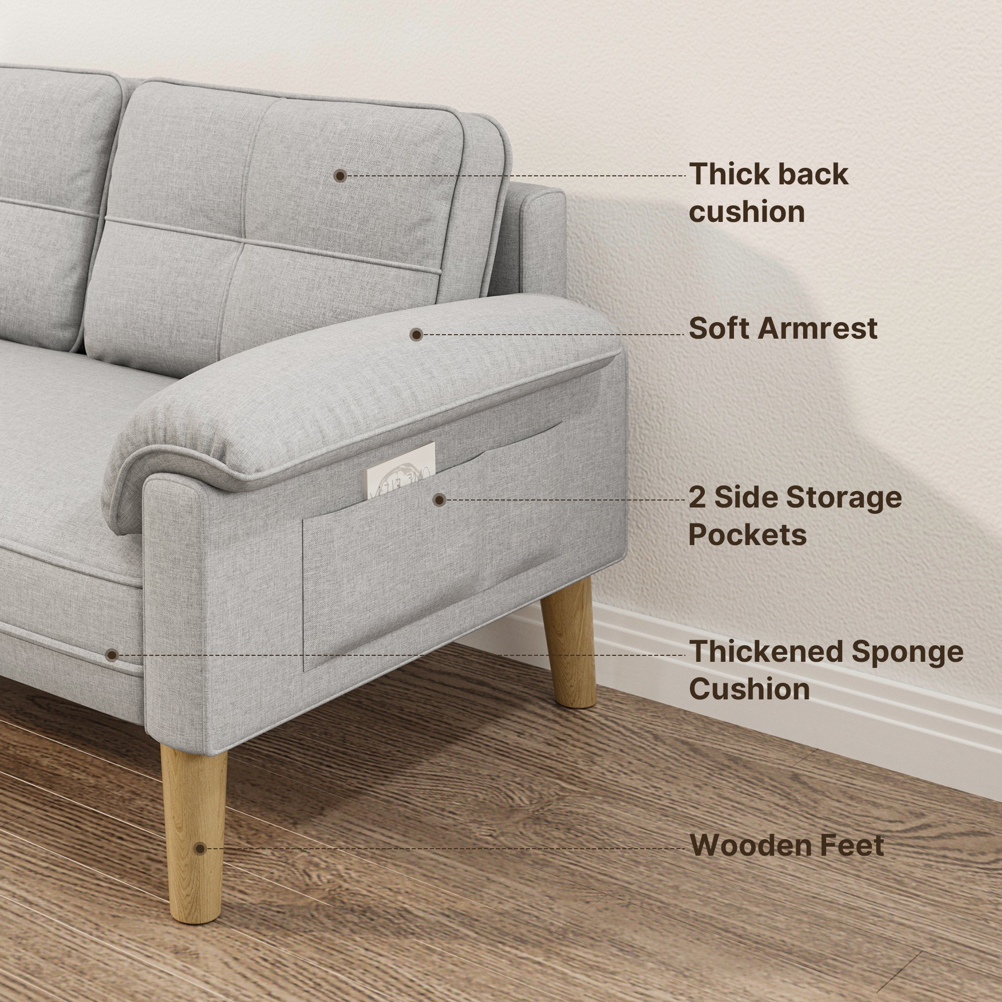 Bealife AR71 Sofa 2-Sitzer Grau Mit Seitentaschen, Hautschonender Stoff & Stabile Konstruktion