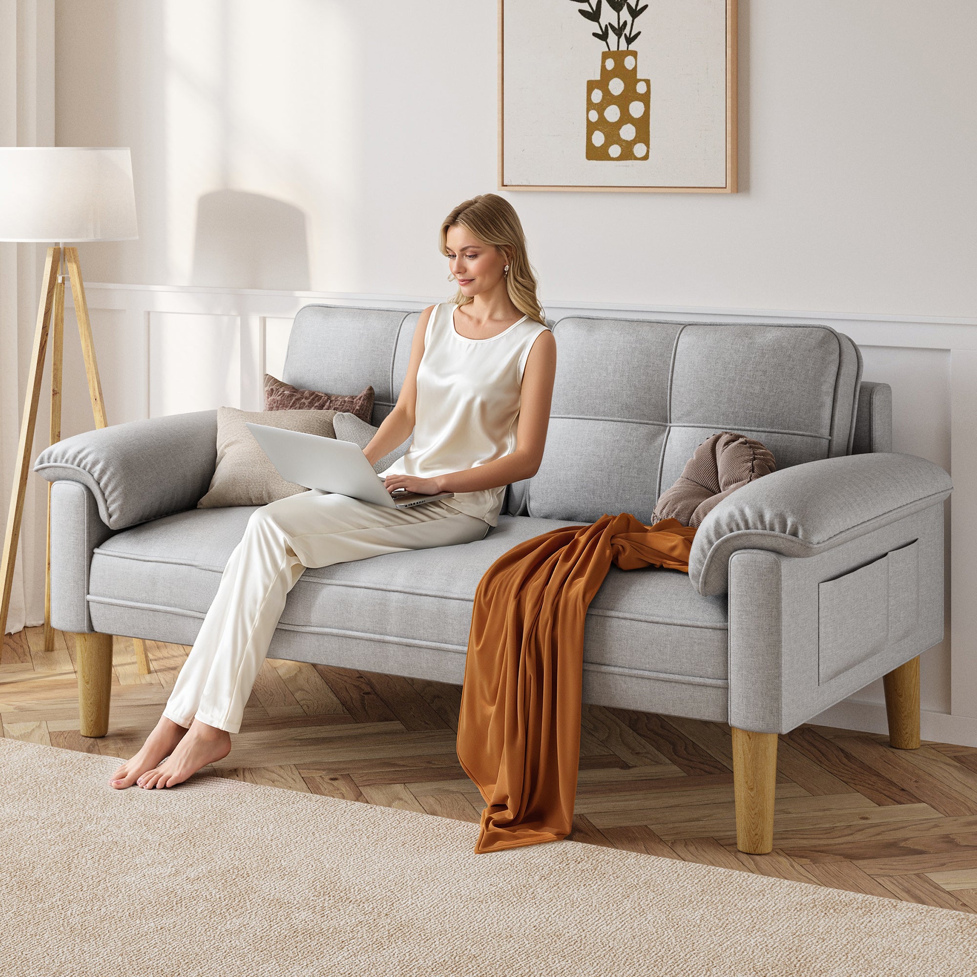 Bealife AR71 Sofa 2-Sitzer Grau Mit Seitentaschen, Hautschonender Stoff & Stabile Konstruktion