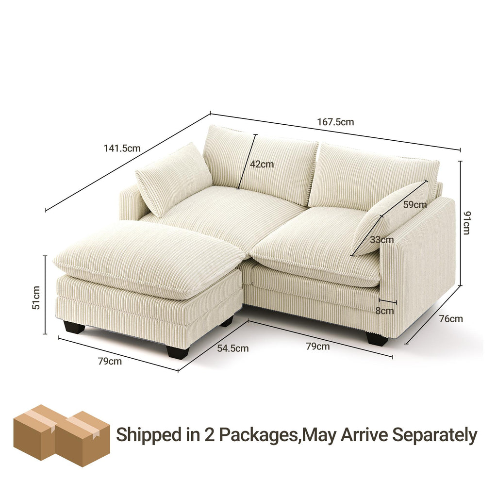 Bealife AR88 Modulares ecksofa platzsparend, 2-Sitzer cord kleines sofa mit Ottomane