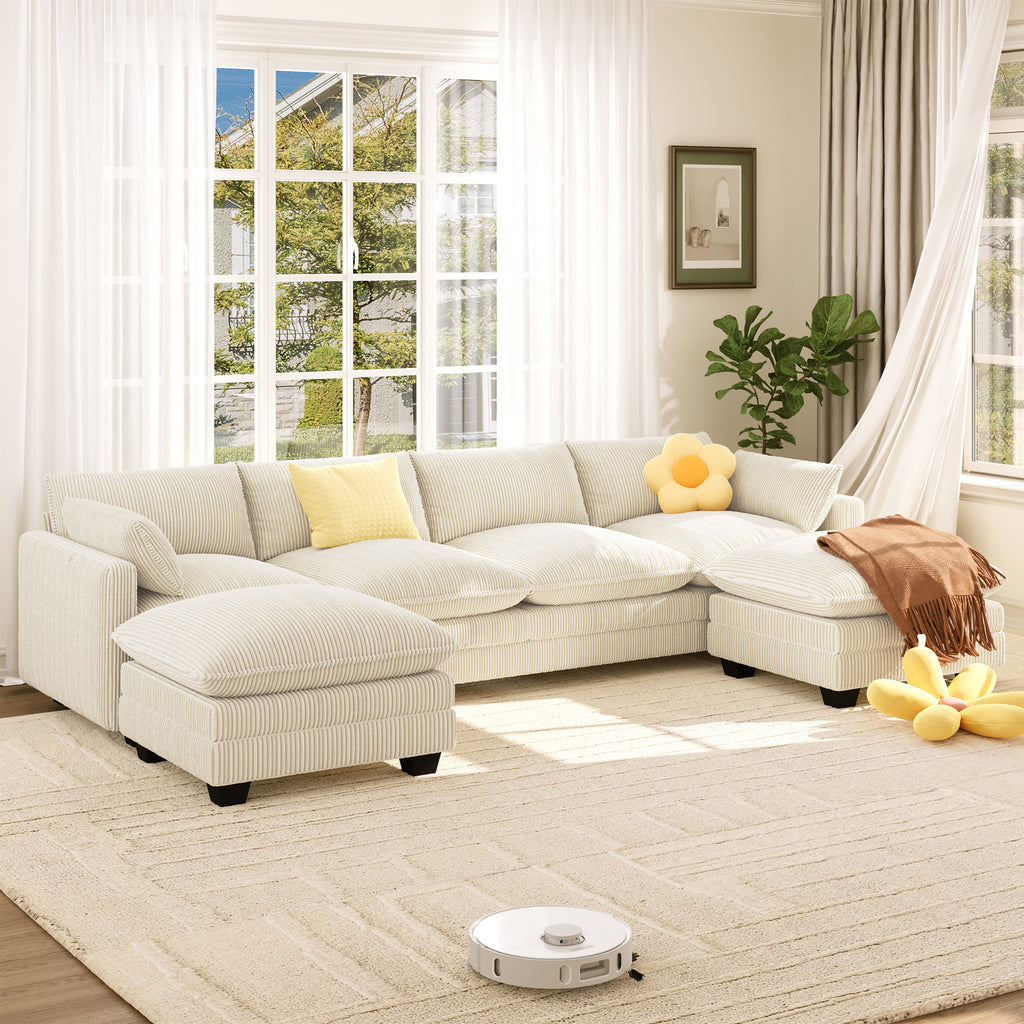 Bealife AR89 U-förmiges Ecksofa, Modulares 4 -Sitzer Sofa Cord mit 2 Ottomane Für großzügige Wohnzimmer|  320x76x91 cm