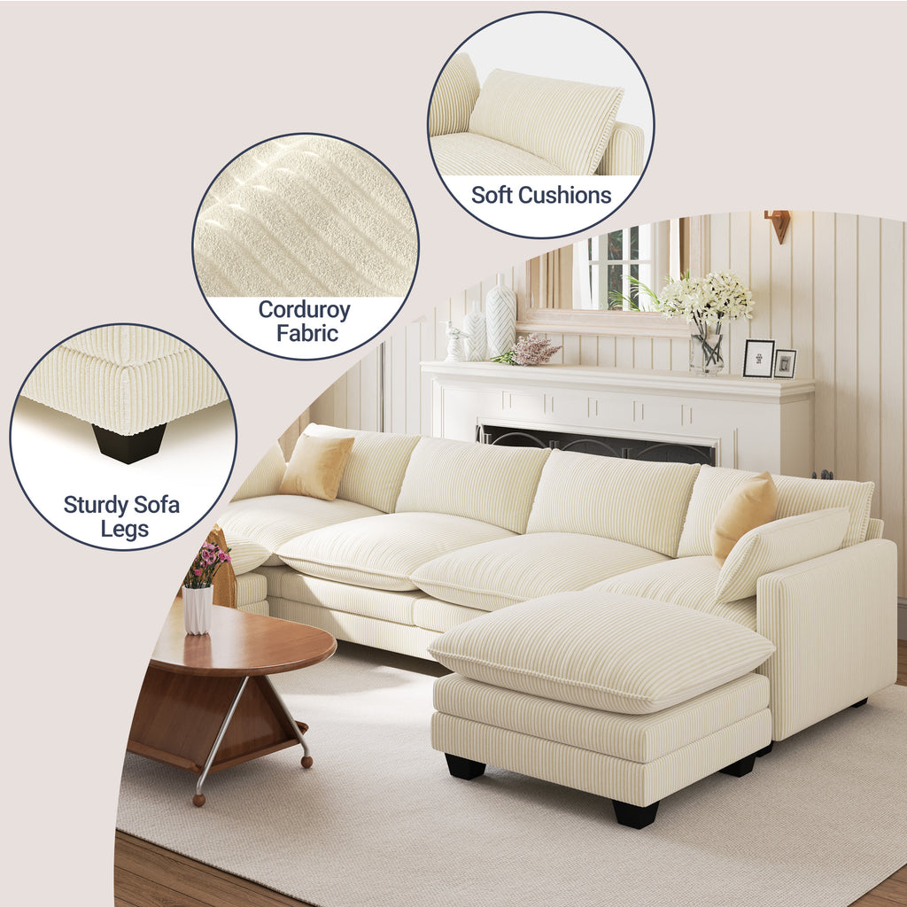 Bealife AR89 U-förmiges Ecksofa, Modulares 4 -Sitzer Sofa Cord mit 2 Ottomane Für großzügige Wohnzimmer|  320x76x91 cm