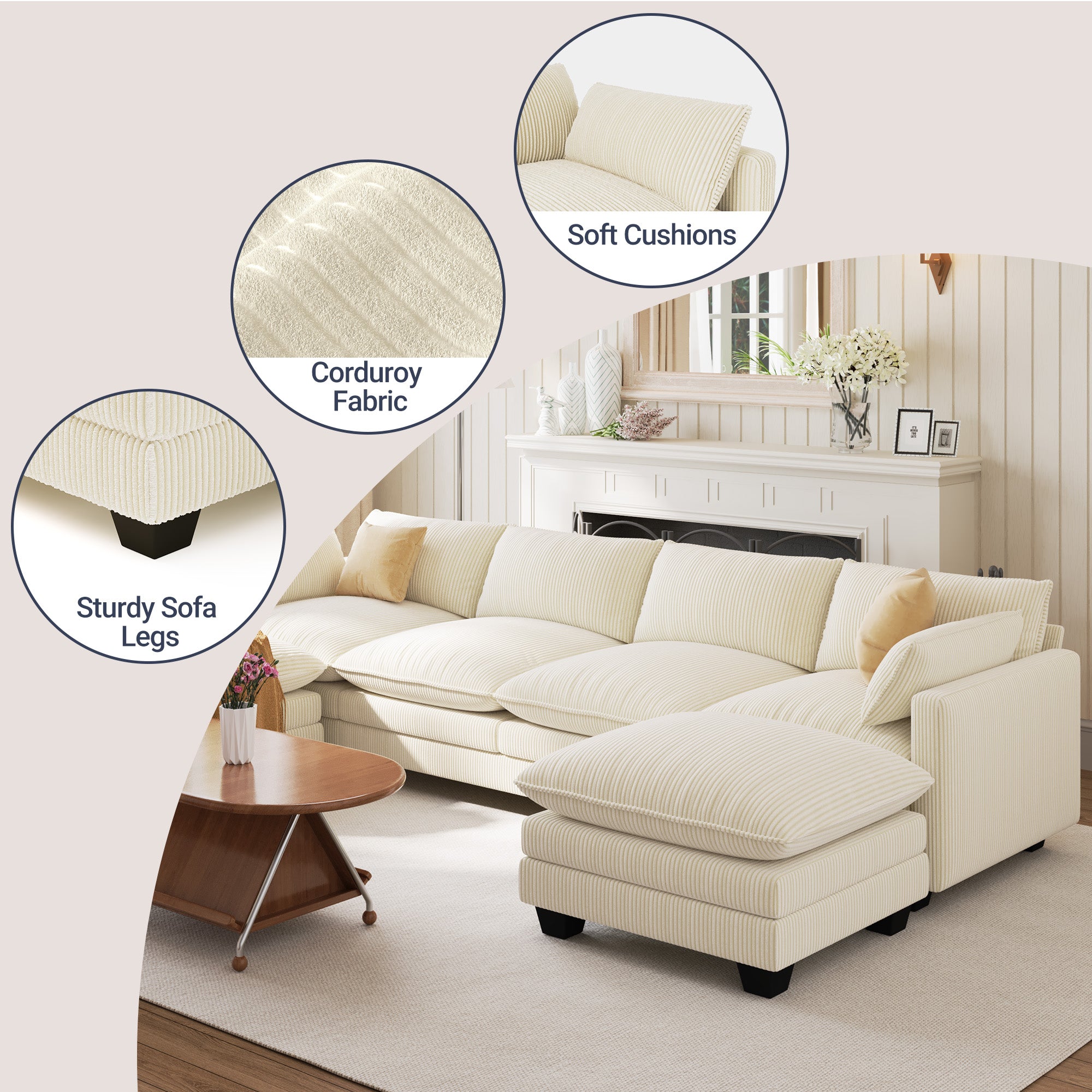 Bealife AR89 U-förmiges Ecksofa, Modulares 4 -Sitzer Sofa Cord mit 2 Ottomane Für großzügige Wohnzimmer|  320x76x91 cm