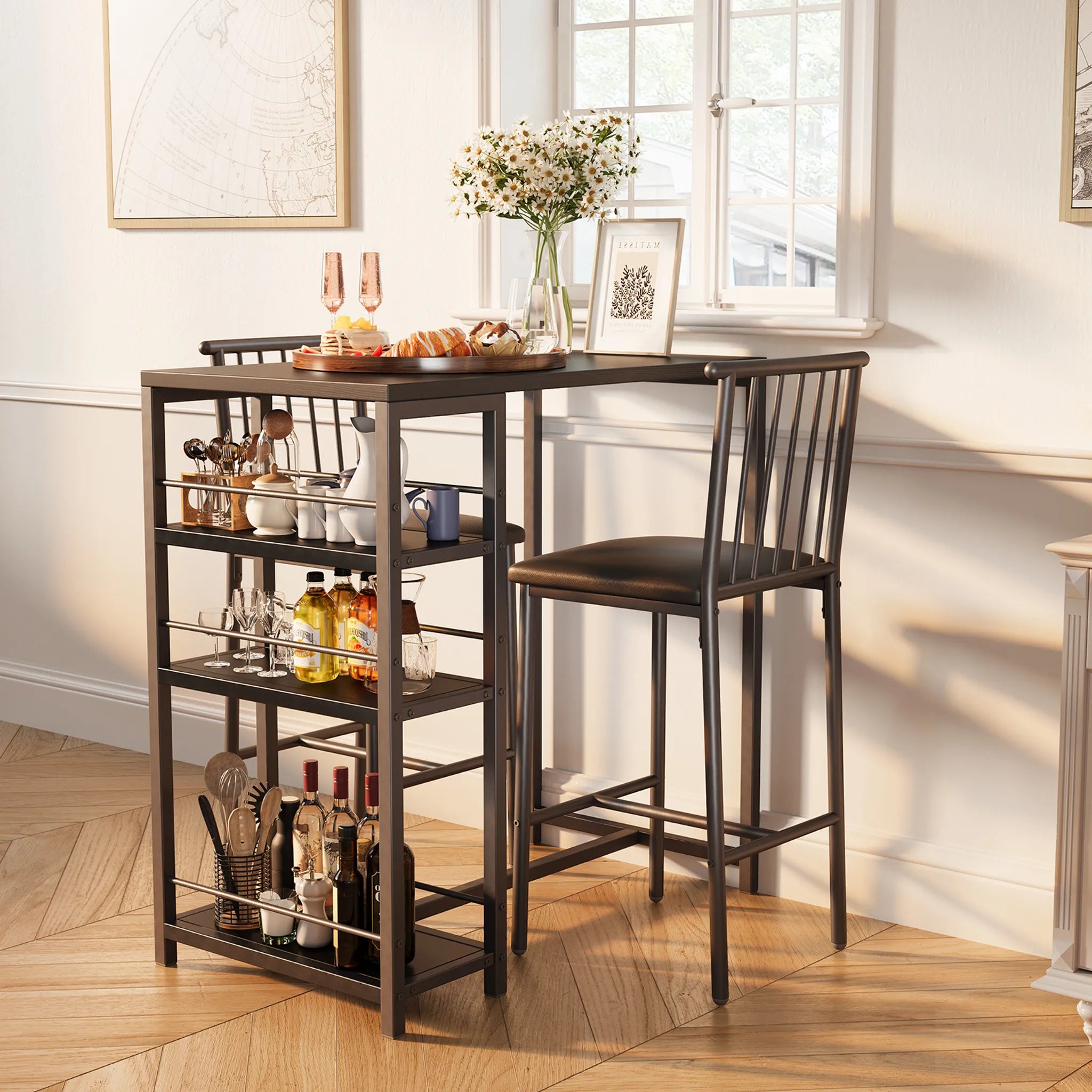Bealife TB51 Bartisch Set für 2 Personen, 2 gepolsterte Hocker and 1 Bartisch für Küche/Bistro
