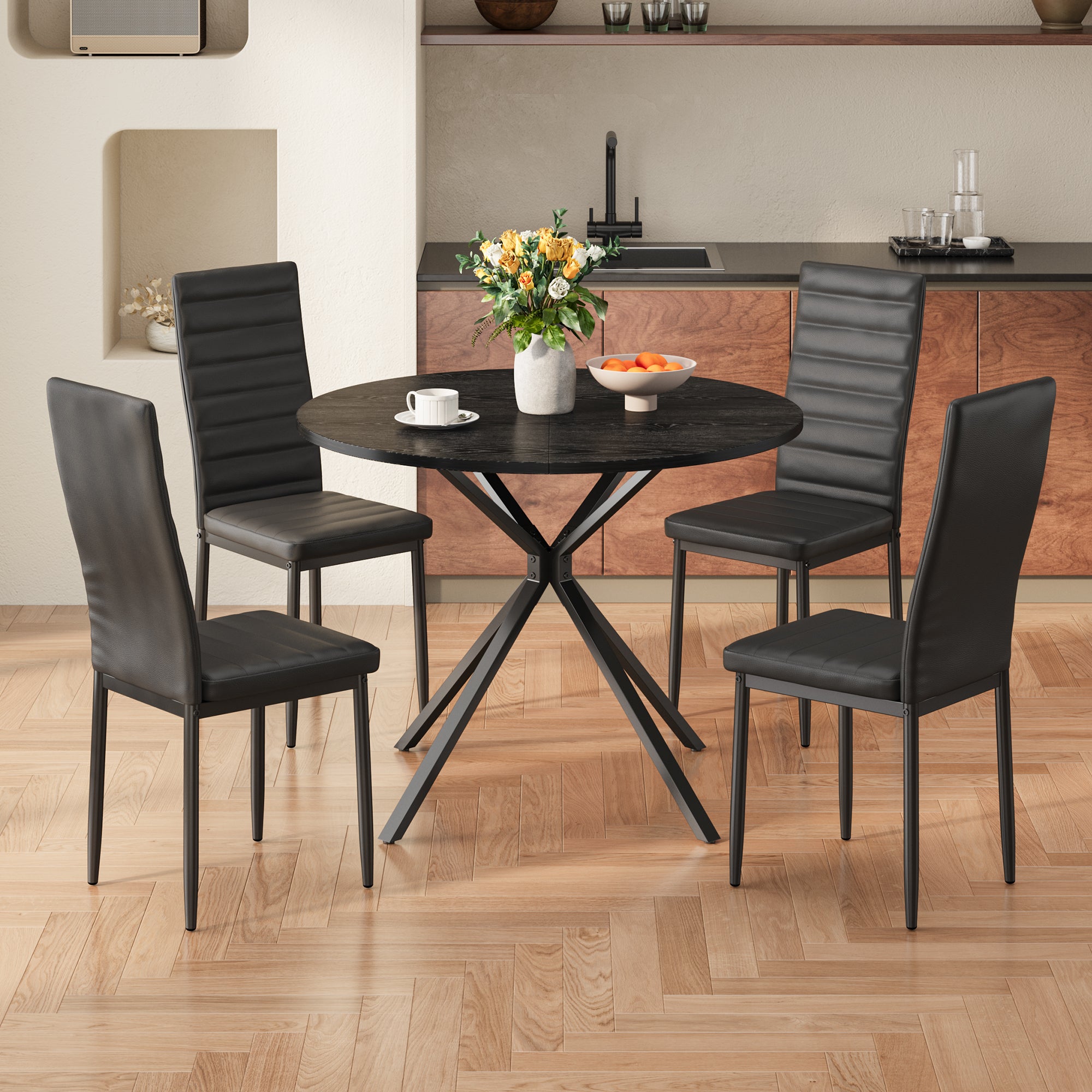 Bealife TB64 Kompakte Essgruppe für 4 Personen，runder Tisch mit 4 Stühlen Platzsparend für kleine Restaurants, Küchen oder Teestuben