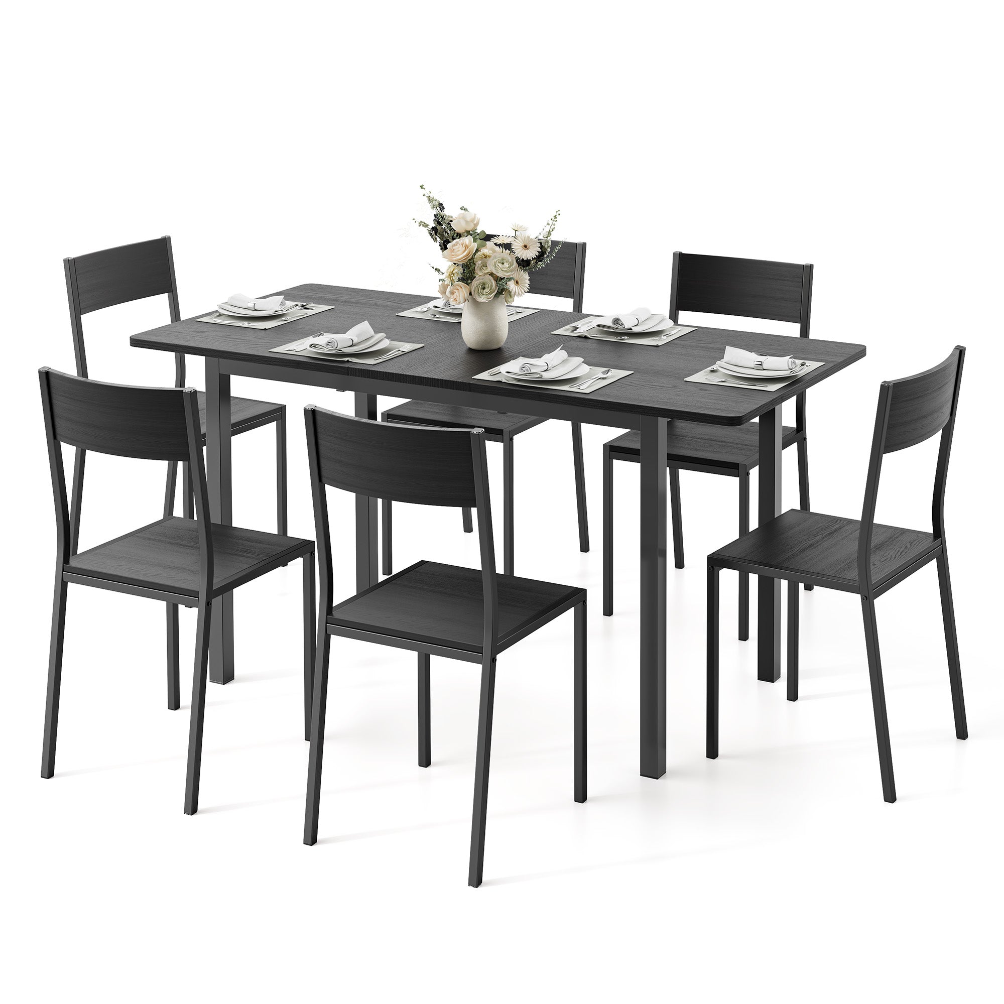 Bealfie TB78 Ausziehbaren Esstisch und 6 Stühle, 7-Teilige Essgruppe mit Metallrahmen für Esszimmer & Küche