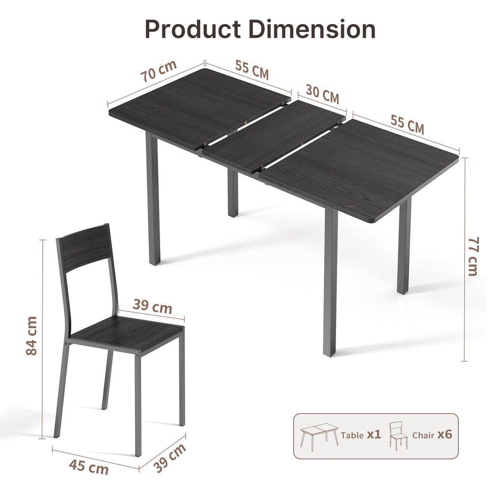 Bealfie TB78 Ausziehbaren Esstisch und 6 Stühle, 7-Teilige Essgruppe mit Metallrahmen für Esszimmer & Küche