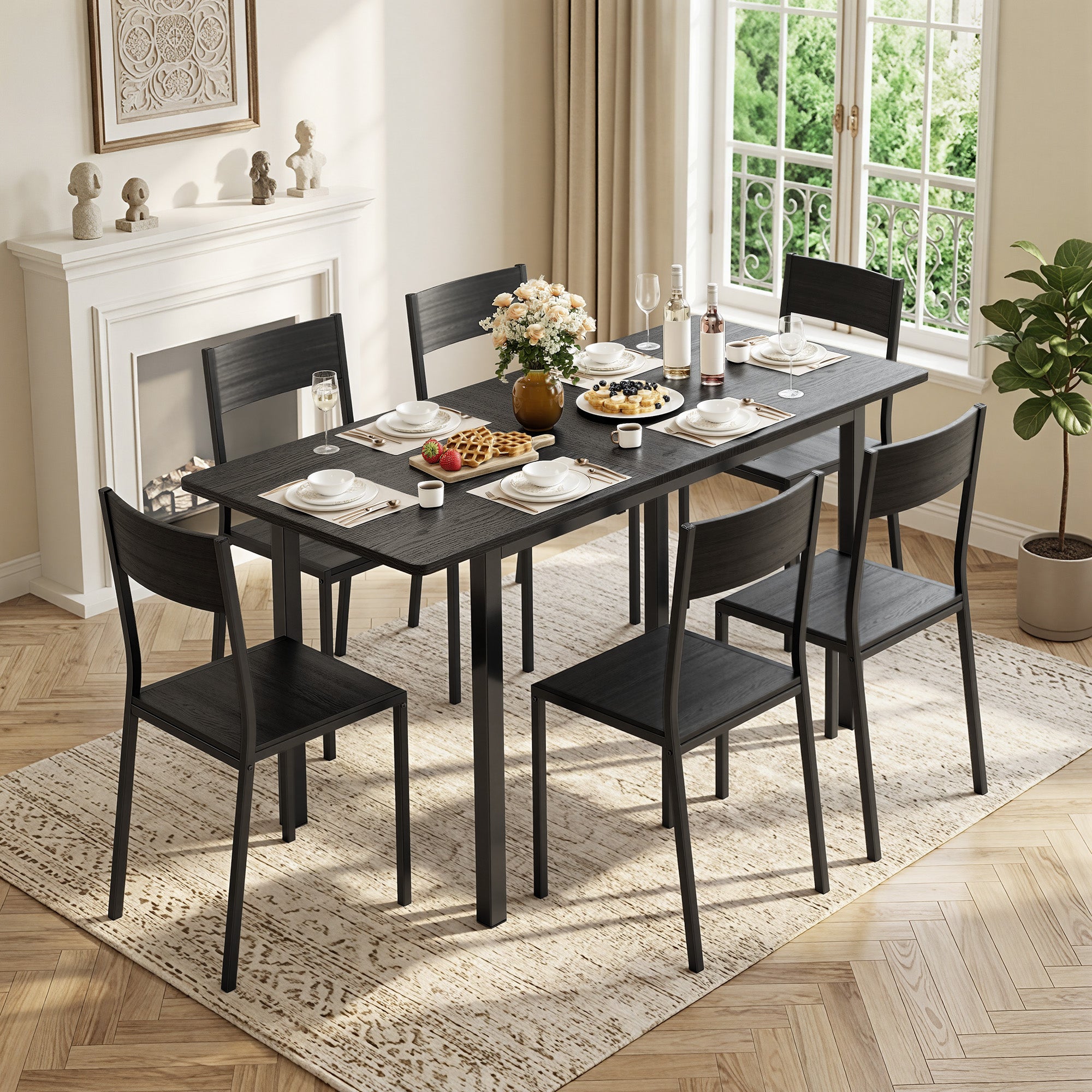Bealfie TB78 Ausziehbaren Esstisch und 6 Stühle, 7-Teilige Essgruppe mit Metallrahmen für Esszimmer & Küche