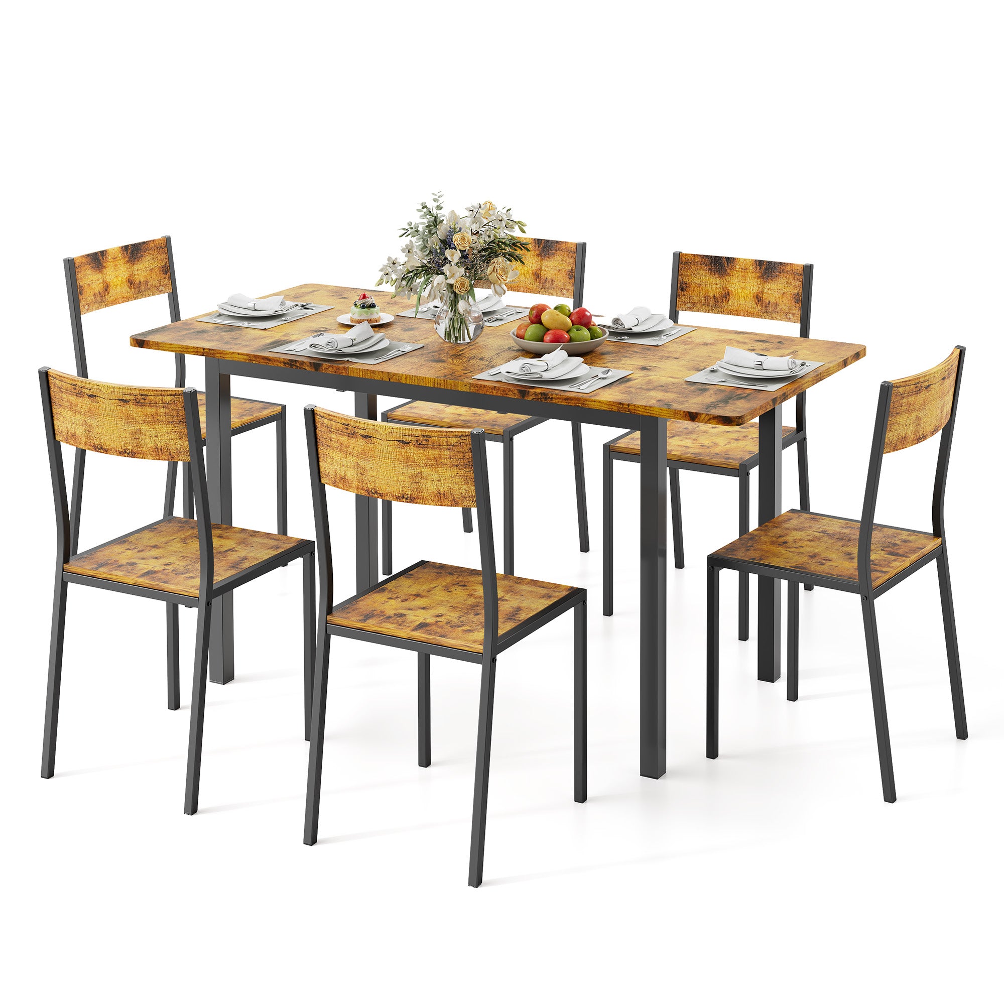 Bealfie TB78 Ausziehbaren Esstisch und 6 Stühle, 7-Teilige Essgruppe mit Metallrahmen für Esszimmer & Küche